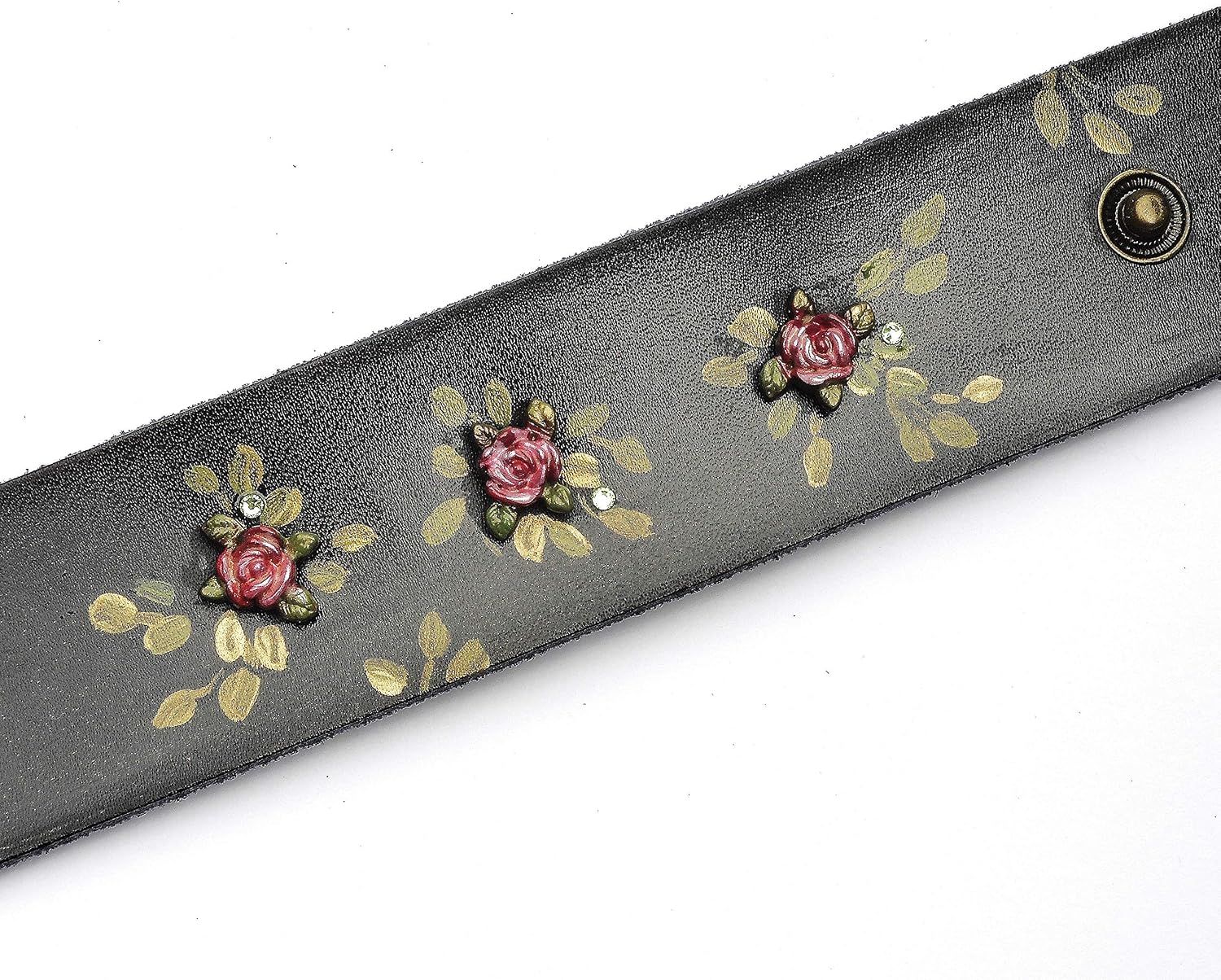 Adjustable 1 1/2 Inch Wide Black Leather Boho Cuff Bracelet with Hand Painted Rose Studs Bohemian Jewelry for Women Goddess Arts Collection Design