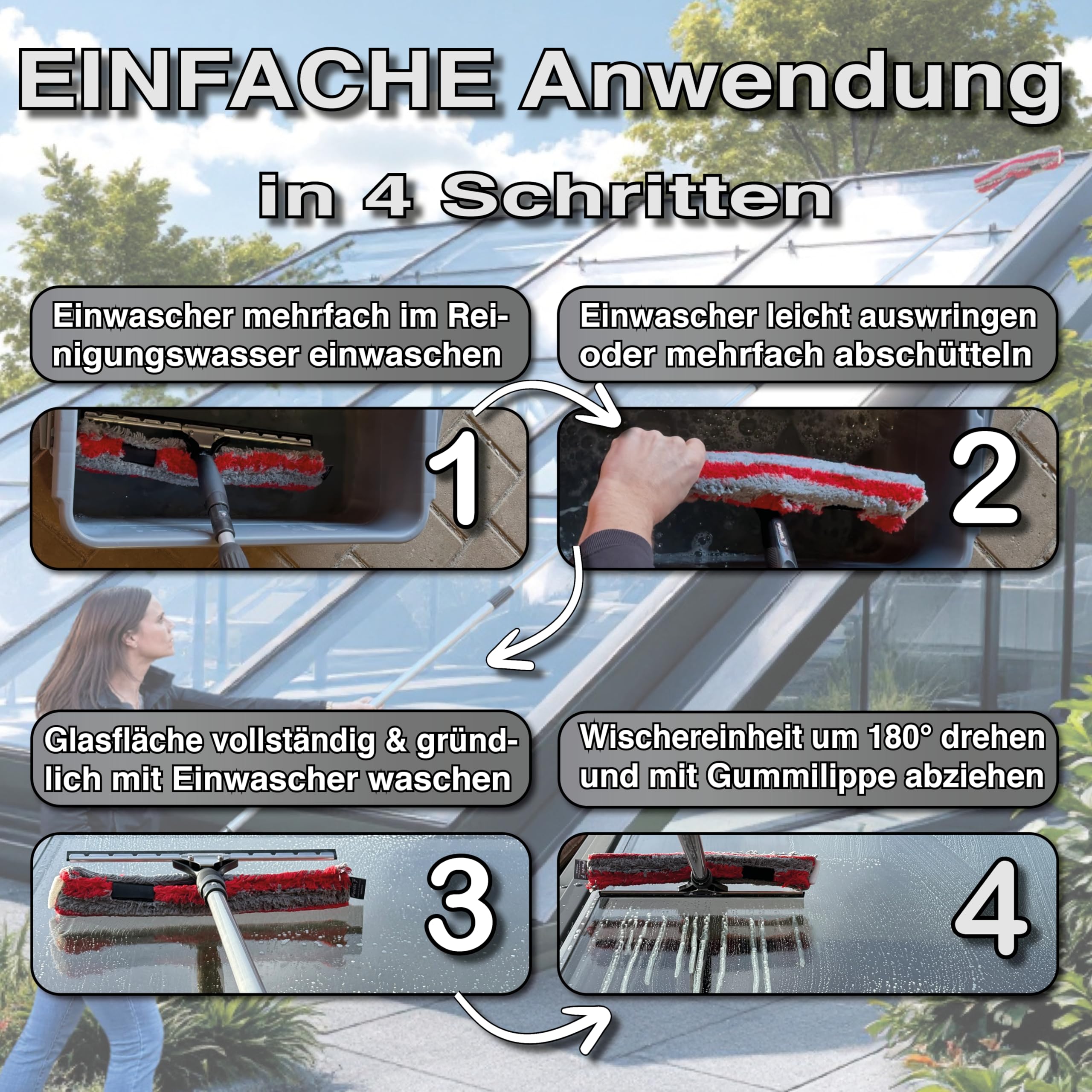 FenWi 4m Fensterreiniger Profi Set mit 400 cm Alu Teleskopstange Gummilippe Kombi Fensterwischer Mikrofaser 35/40cm Winkelgelenk + Zubehör zum Fenster putzen I Reinigung von Solaranlage Photovoltaik