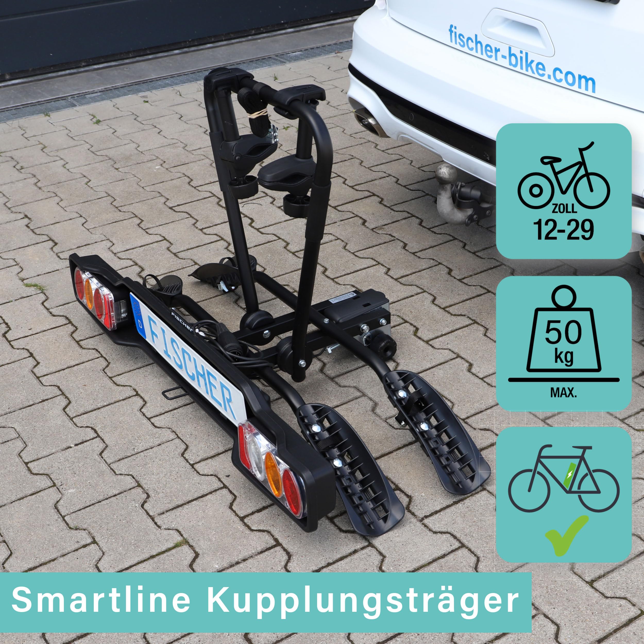 FISCHER Kupplungs-Fahrradträger SmartLine Black, für 2 Fahrräder bis 50 kg Nutzlast, für Anhängerkupplung, abklappbar, teilmontiert, mit integriertem Rahmenschutz