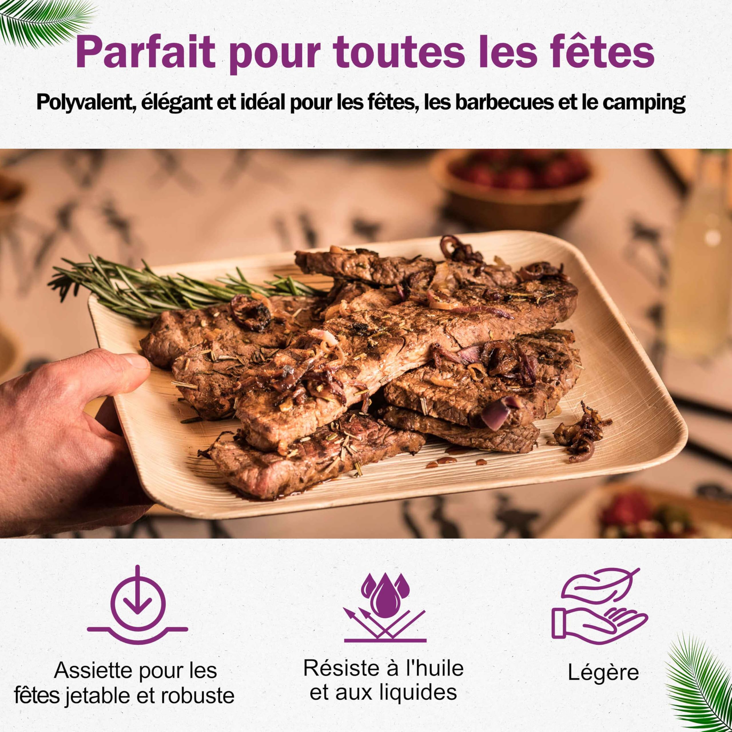 Assiette Jetable en Feuille de Palmier - 50 pcs. Carrées 25x25 cm - Vaisselle Naturelle et Élégante - Chic, Résistante et au Design Unique - semblable au Bambou et au Bois