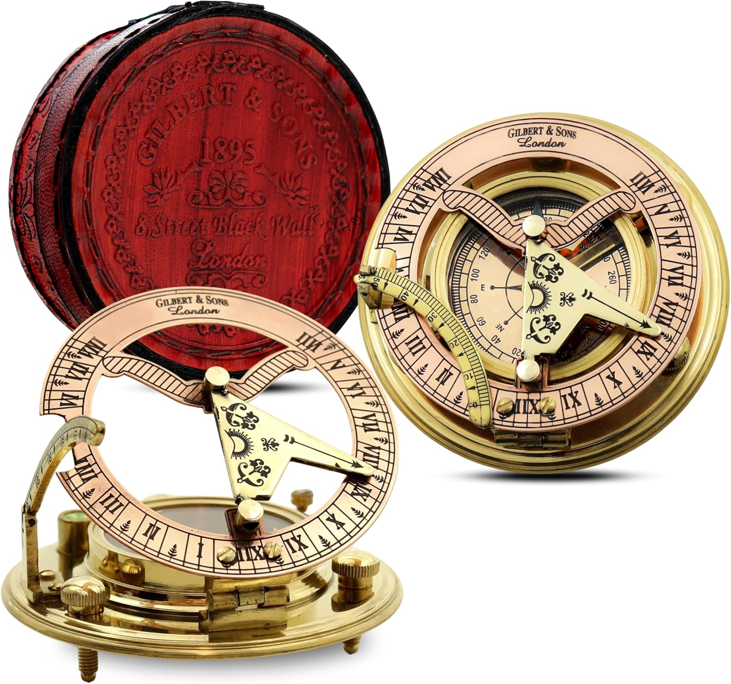 Brass Functional Sundial Gilbert Compass with Leather Case – A Perfect Christmas, Thanksgiving, New Year Keepsake & Gifts for Men, Boys, Fathers, Son & Husband (Polished)