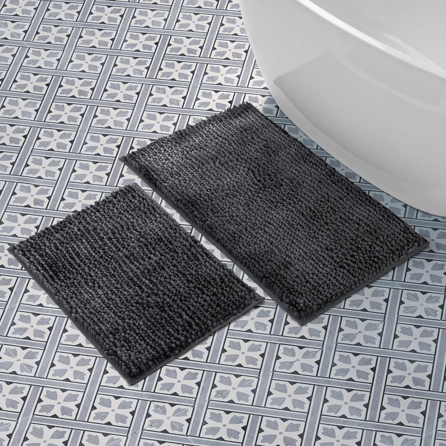 Laura Ashley Butter Chenille Bath Rug, Absorbent Shaggy Bathroom Mat, Non Slip plush Carpet Rugs for Tub and Sink - 2 Piece (17" x 24" and 20" x 34") Charcoal