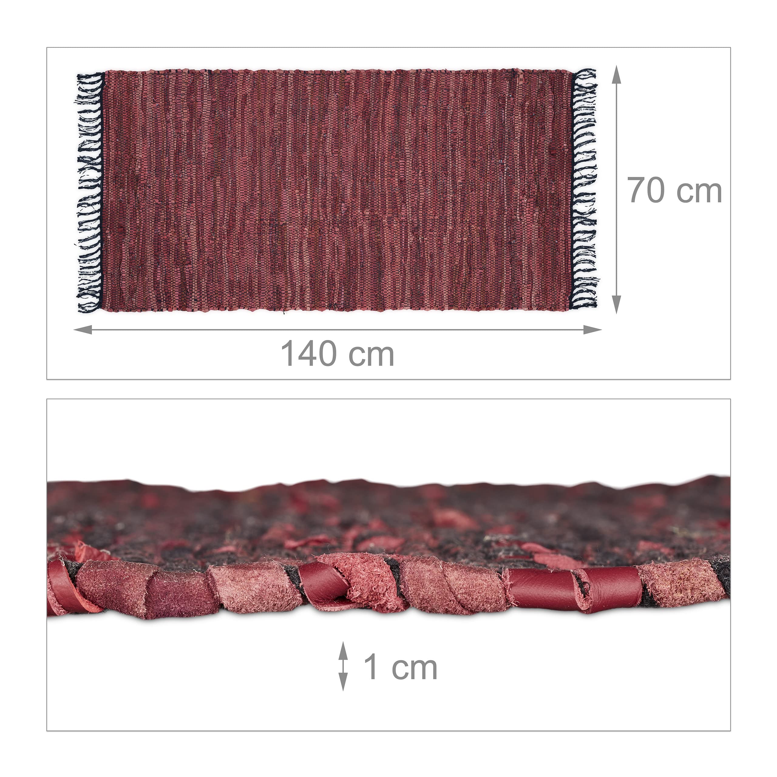 Relaxdays Tapis tissé, 70 x 140 cm, Coton et Cuir, Descente de lit à Franges, antidérapant, natte décorative, Rouge