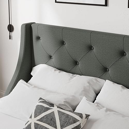 Miniatura 10 de Allewie Marco de cama tamaño King con 4 cajones de almacenamiento y cabecera con alas traseras diseño copetudo con botones no necesita somier gris