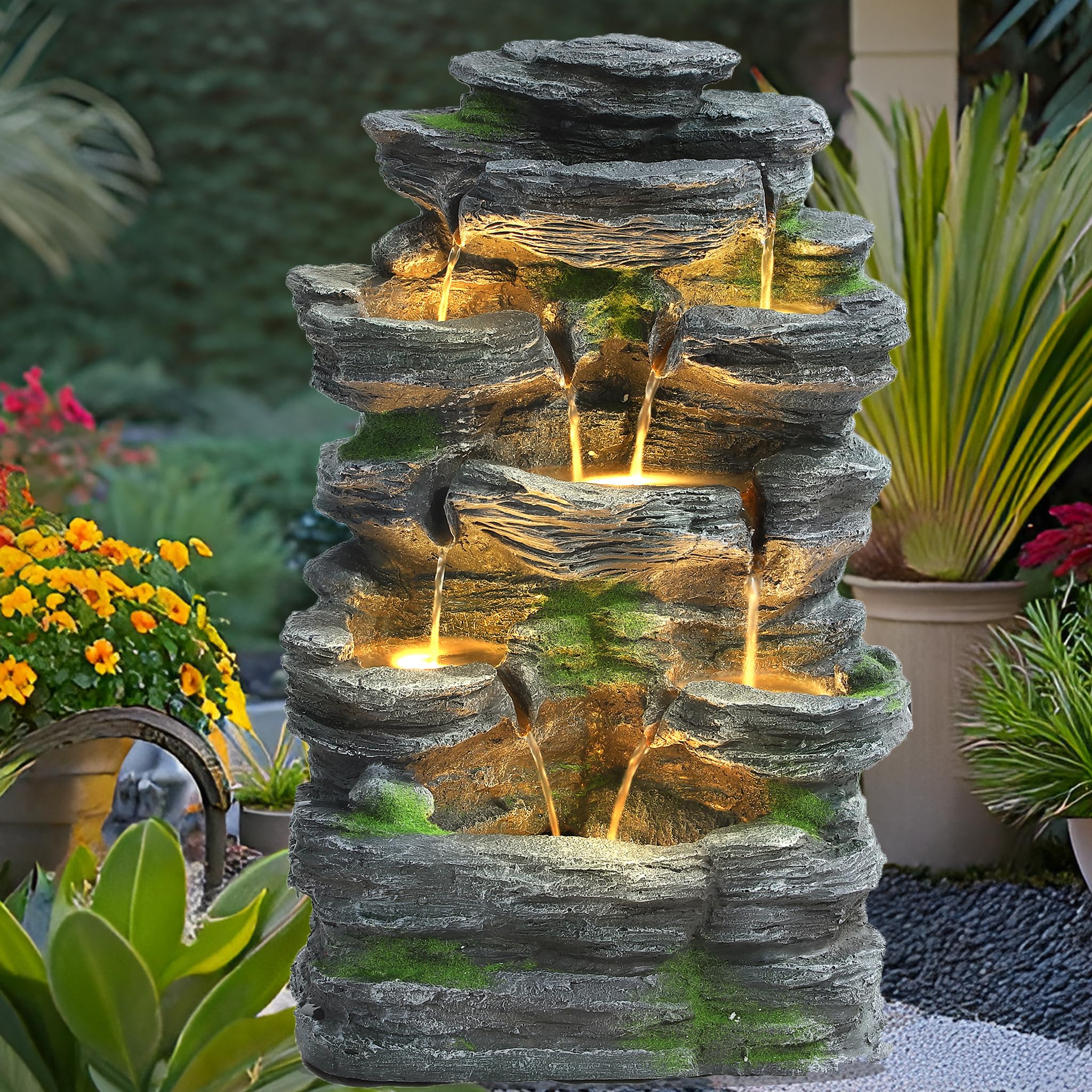 7 Tiers Cascading Rock Water Fountain with LED Lights