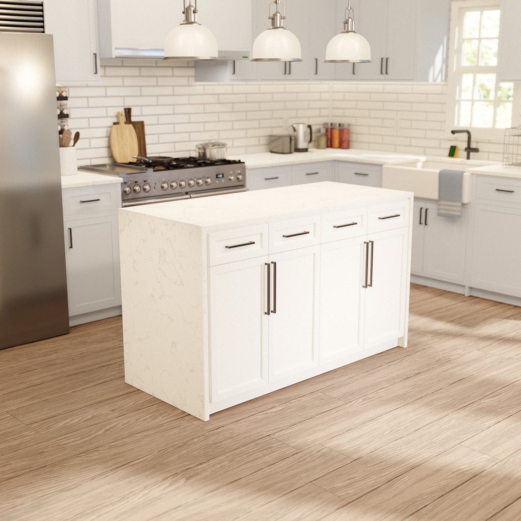 Palisade 60-inch Kitchen Island (Engineered Marble/White): Includes White Kitchen Island Cabinet with Engineered Marble Waterfall Countertop