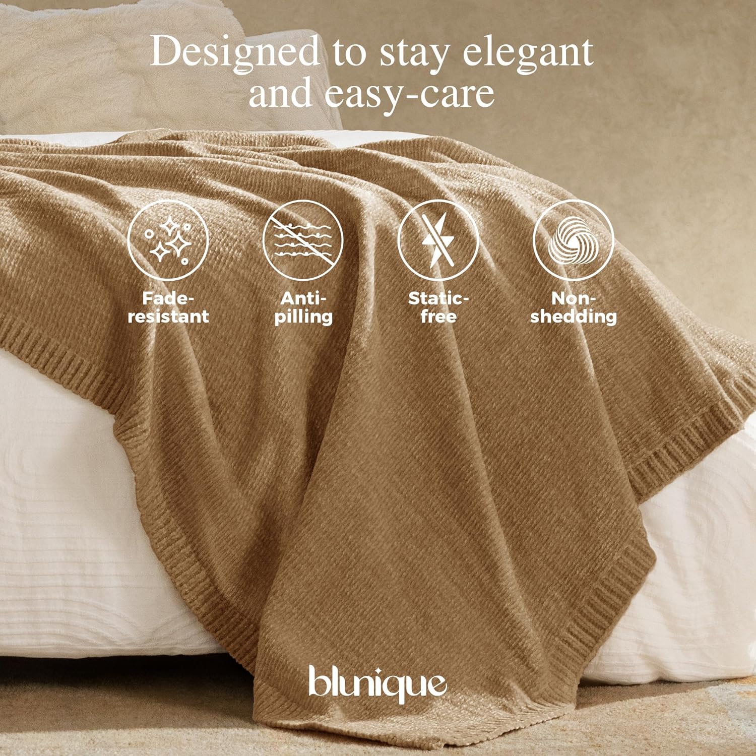 Chenille Throw Blanket for Couch, Cozy Soft Blanket Lightweight Decorative Throw for Living Room Sofa Chair, Stylish Home Decor, Ideal for Gifting, Khaki 50"x60"