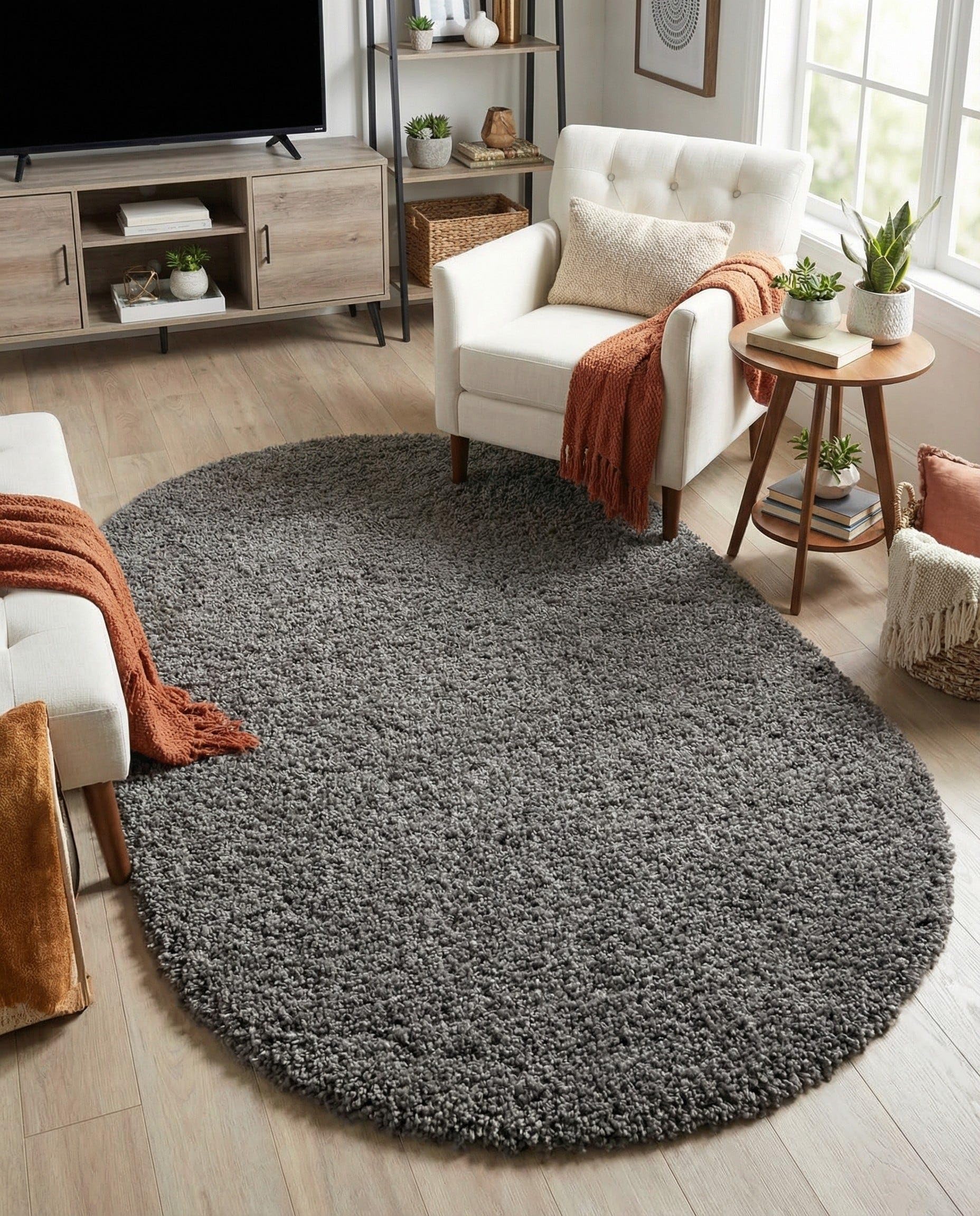Rugs.com - Solid Shag Rug – 4' 1 x 6' 1 Oval Graphite Gray Shag Rug – Ultra-Soft High Pile for Bedrooms, Playrooms, and Kids Rooms
