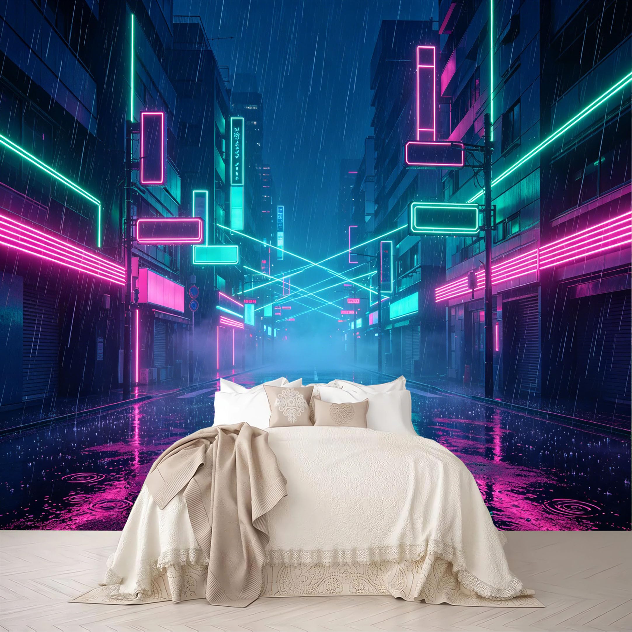 Dskjoviality Ab260706024 Custom Size Wall Mural Neon Rainy City Street Cyberpunk Neon Sign Reflection View Removable Self Adhesive Peel And Stick Wallpaper For Bedroom Living Room