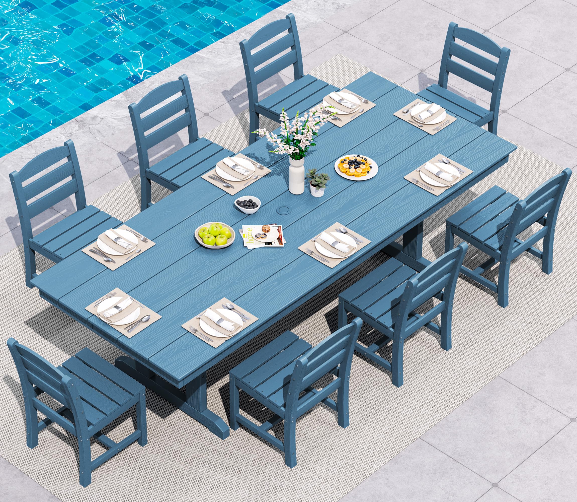 SERWALL 9Pcs 84" HDPE Outdoor Dining Set for 8 with Armless Chairs,Blue