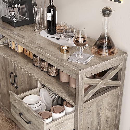 Miniatura 6 de HOSTACK Aparador moderno de granja, gabinete de almacenamiento de bufé de cocina con cajones y estantes, gabinete de madera para barra de café con