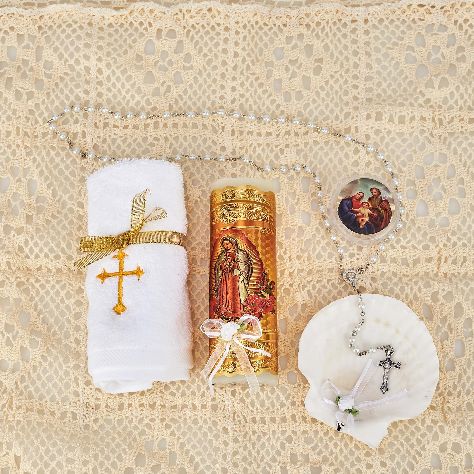 Juego de velas de bautizo para niños y niñas, juego de velas de bautizo católicas, velas para bautizo, vela de bautizo para niño, incluye vela de la Virgen de Guadalupe, toalla, rosario y concha
