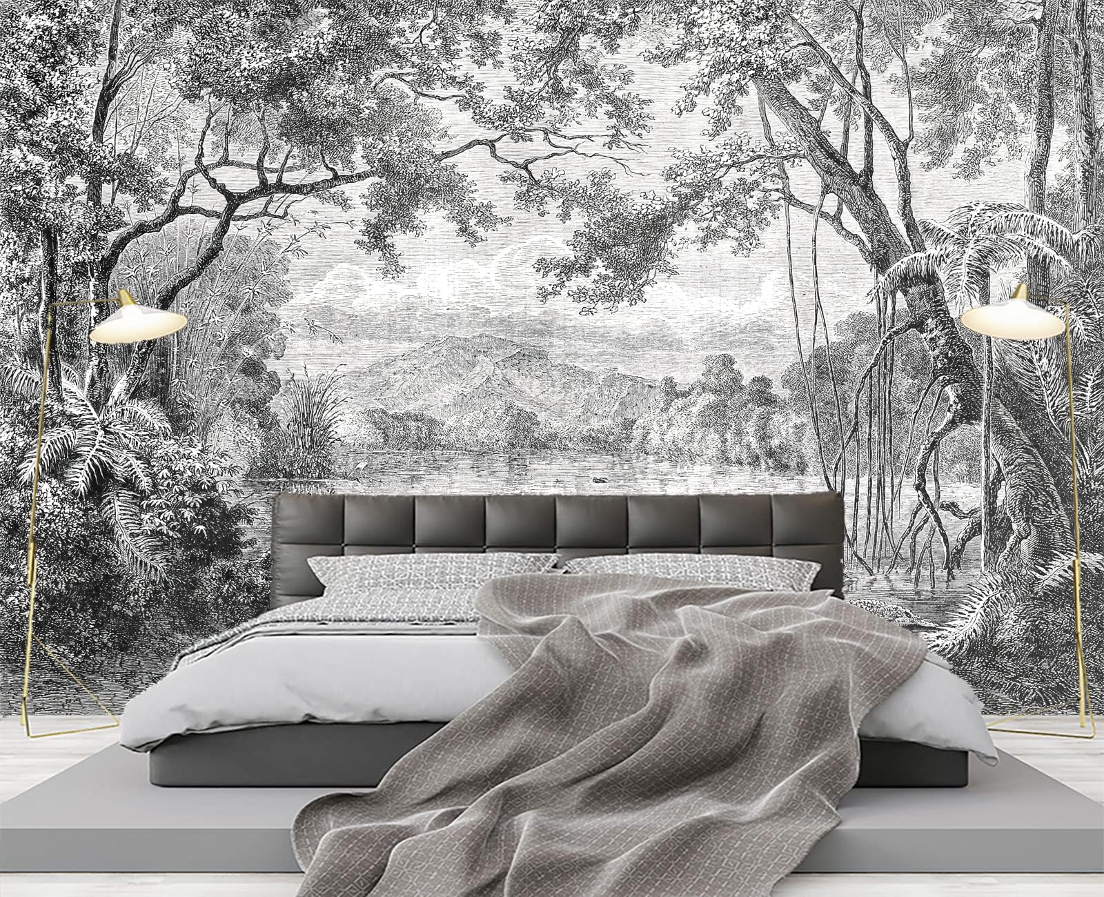 Papel Pintado Pared 3D Papel Tapiz 250X175（Ancho X Altura） Blanco Y Negro Jungle Fotomurales 3D Tv Fondo Pared Dormitorio Murales Papel Tapiz Moderno
