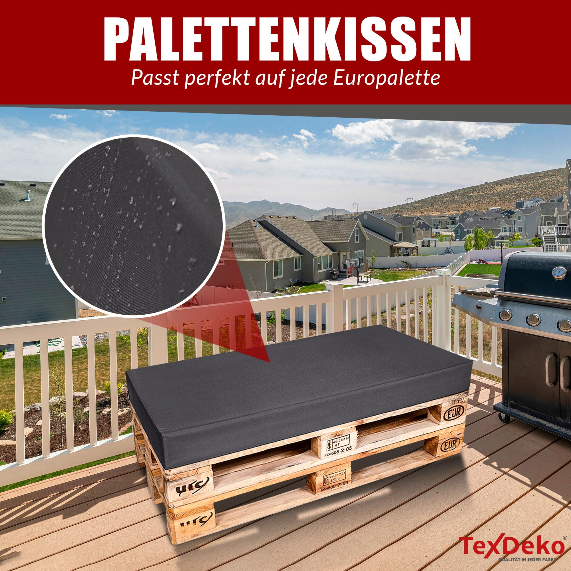 TexDeko Poduszki na palety, sofa paletowa, poduszki na palety, poduszki na materac (120 x 80 x 8 cm) pianka na europaletę, poduszka dla psa, nakładka (w kolorze antracytowym z wodoodporną poszewką)