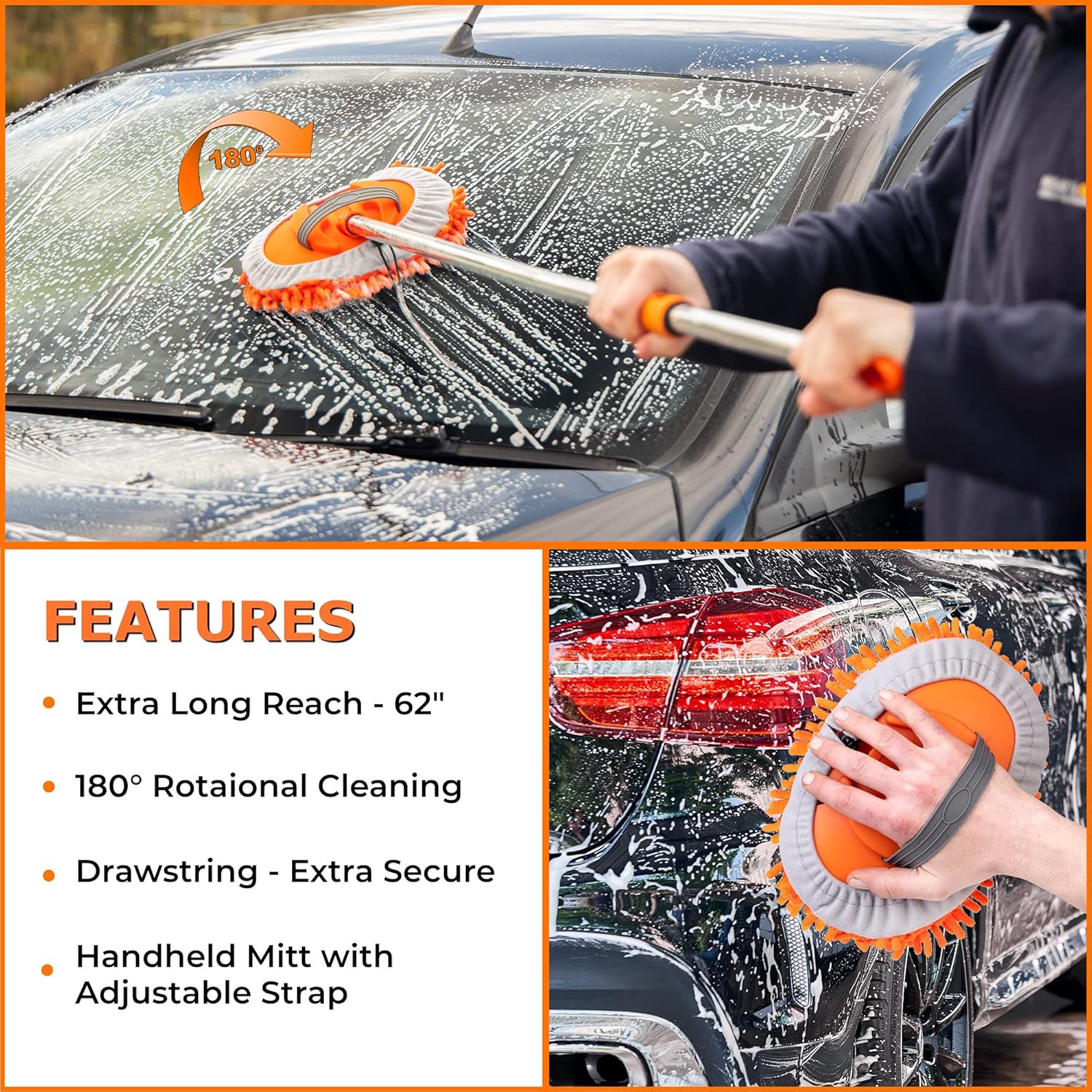 Homeflowz Car Wash Mop Kit [10PC] - Car Wash Brush with Long Handle - 62'' Stainless Steel Pole - Scratch Free Chenille Microfiber Car wash Brush Mitt - Car Mop Washing Kit for RV Cars and Bus : Automotive