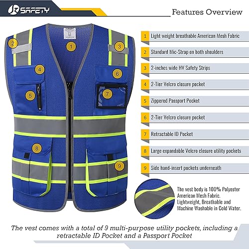 Miniatura 3 de JKSafety Chaleco de seguridad de malla de alta visibilidad con 9 bolsillos para hombre y mujer, chaleco reflectante de seguridad, cremallera