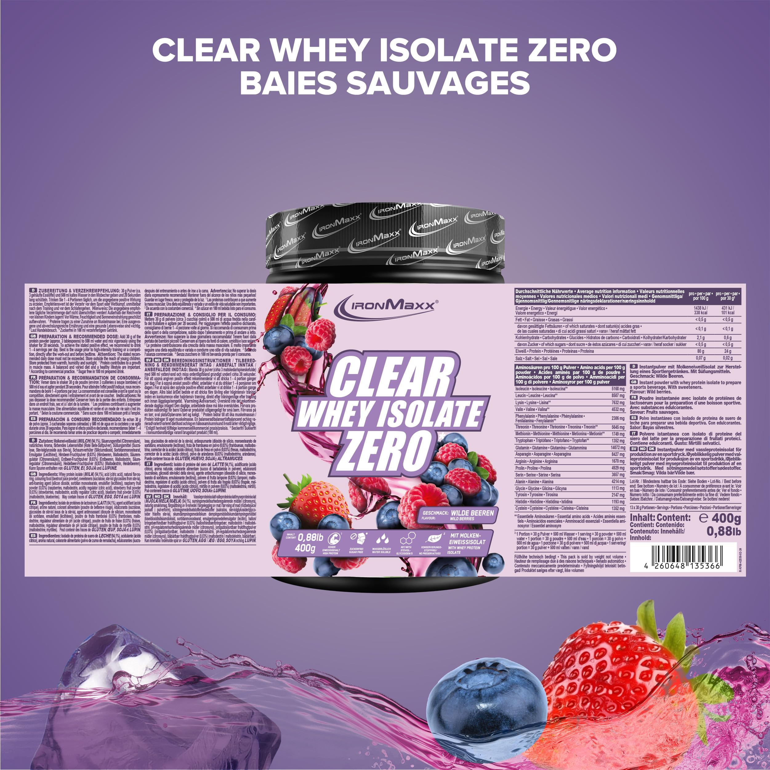 IronMaxx Clear Whey Isolate Zero - Wild Berry 400g | Whey Protein Isolate | Proteine Whey Sans Sucre | Clear Whey Boisson Protéinée | Shaker Proteine Zéro Sucre pour Musculation & Pre-Workout