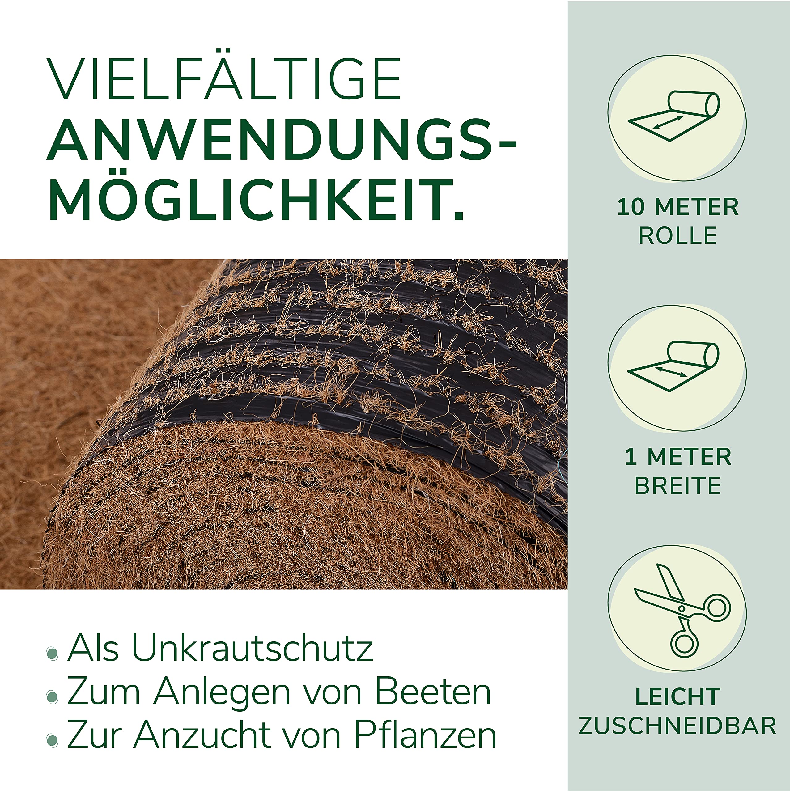 Natursache Kokos Unkrautschutz-Matte auf biobasierter PLA Folie 1,00 x 10,00m I Ideal als Unkrautschutz, zum Anlegen von Beeten, zur Anzucht von Pflanzen & als Winterschutz für Pflanzen