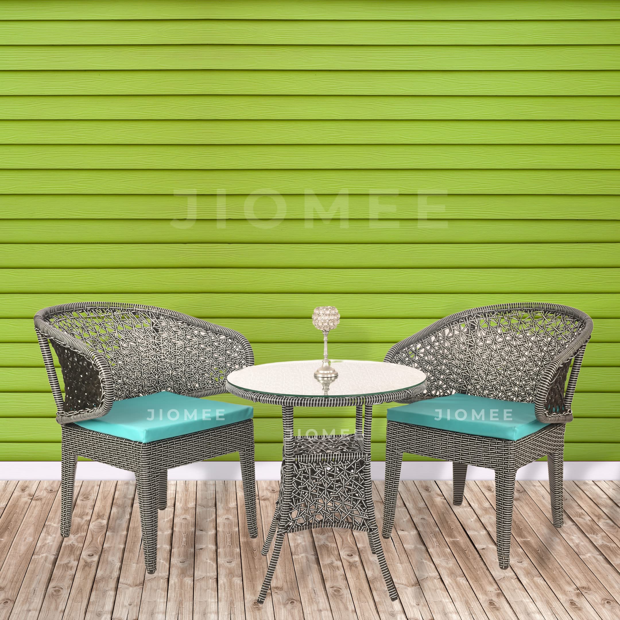 Kimber Street™ Outdoor-Indoor Rattan Wicker Star Style Weaving Patio 2 Seater Coffee Chair & Table Set with Sky Blue Cushion (Black & White Mix)-image-20