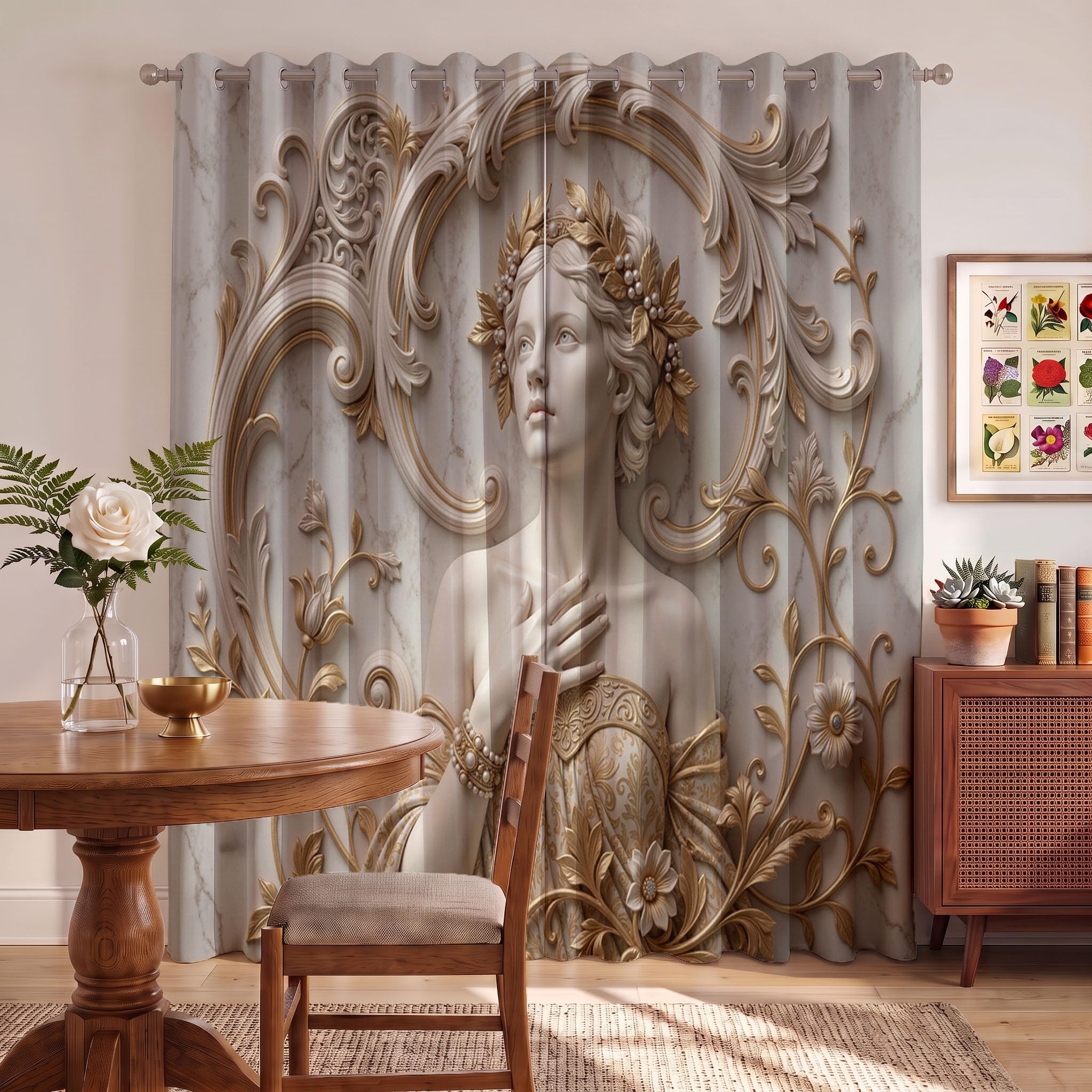 Europäischer Palast Schallschutz Blickdichte Vorhänge Wohnzimmer, 3D-Schöne Frau Verdunklungsvorhänge, Gold Thermovorhang Gardinen Mit Ösen Schlafzimmer - H175 x B140 cm (2er Pack)