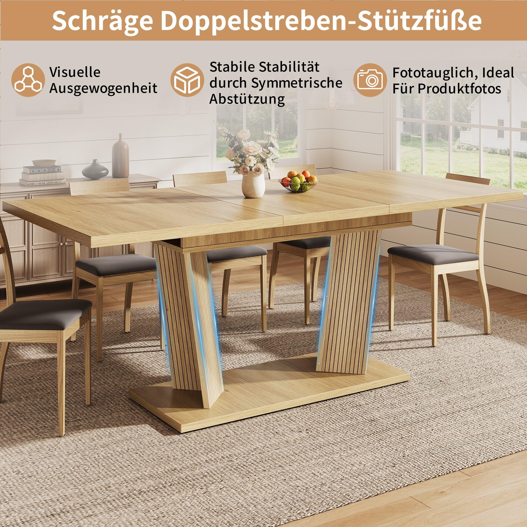 Merax Mesa de comedor extensible de 120 a 160 x 80 x 76 cm, moderna mesa de comedor con aspecto de madera maciza con base resistente y patas antideslizantes ajustables, ahorra espacio en espacios