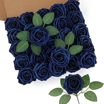DuHouse Artificial Roses Flowers Fake Foam Rose Heads with Stem Artificial Flowers Rose for Wedding Home Party Baby Shower Valentines Day Decoration 25 Pieces Navy Blue Realistic Foam Roses with Stems DIY Wedding Bouquet Party Decoration Floral Arrangement Party Home Decoration