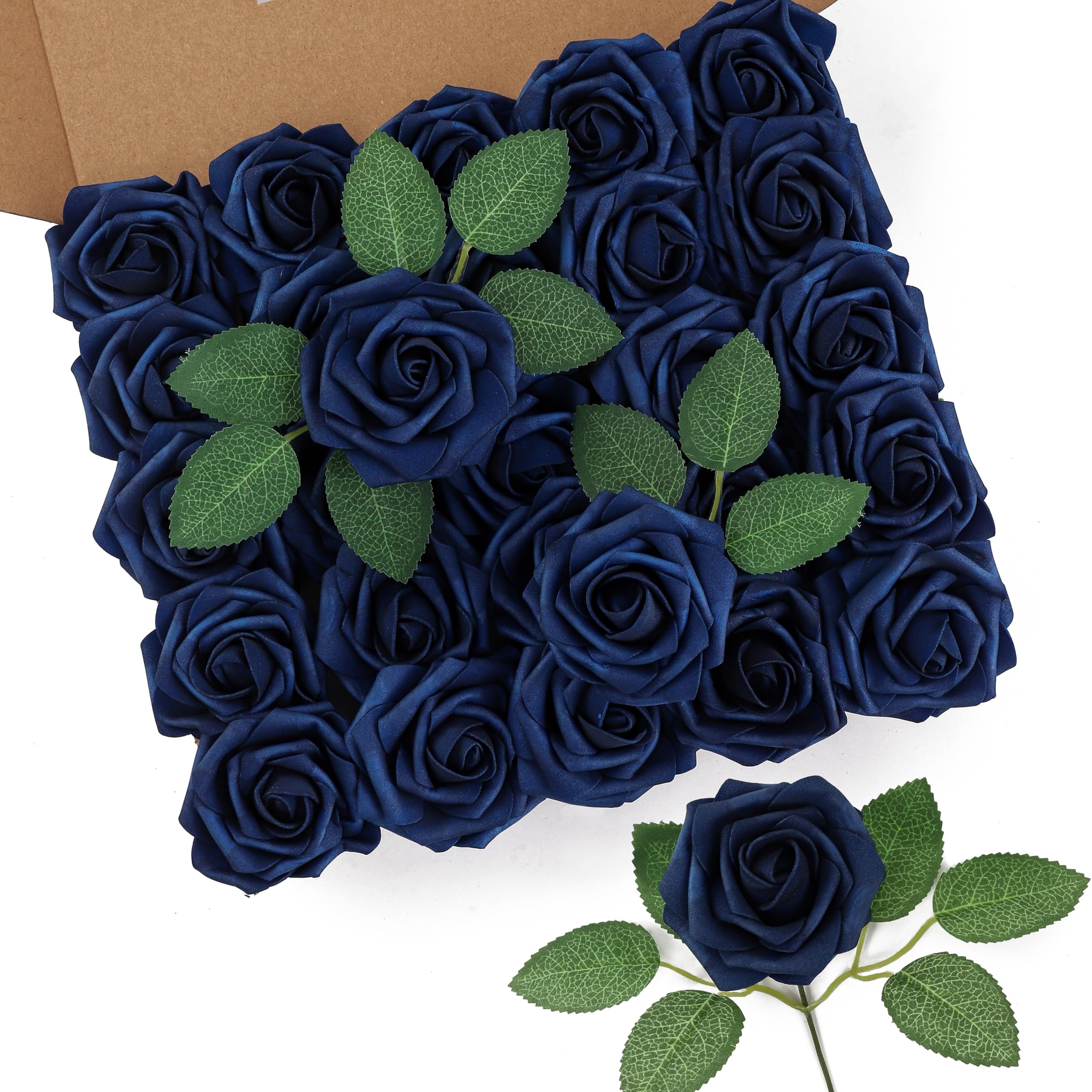 DuHouse 50Pcs Artificial Roses Flowers Fake Roses with Stems Real Touch Foam Flowers for DIY Wedding Bouquet Party Centerpiece Floral Arrangement Party Home Decor(Navy Blue)