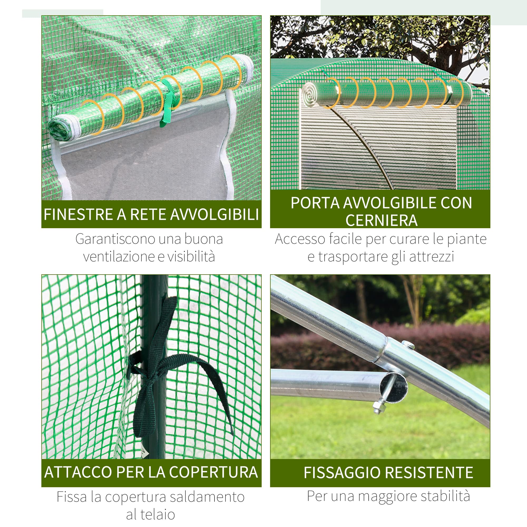 Outsunny Serra a Tunnel da Giardino e Orto 3x3x2m con Copertura in PE, Serra per Piante con Porta e Finestre Avvolgibili, Verde