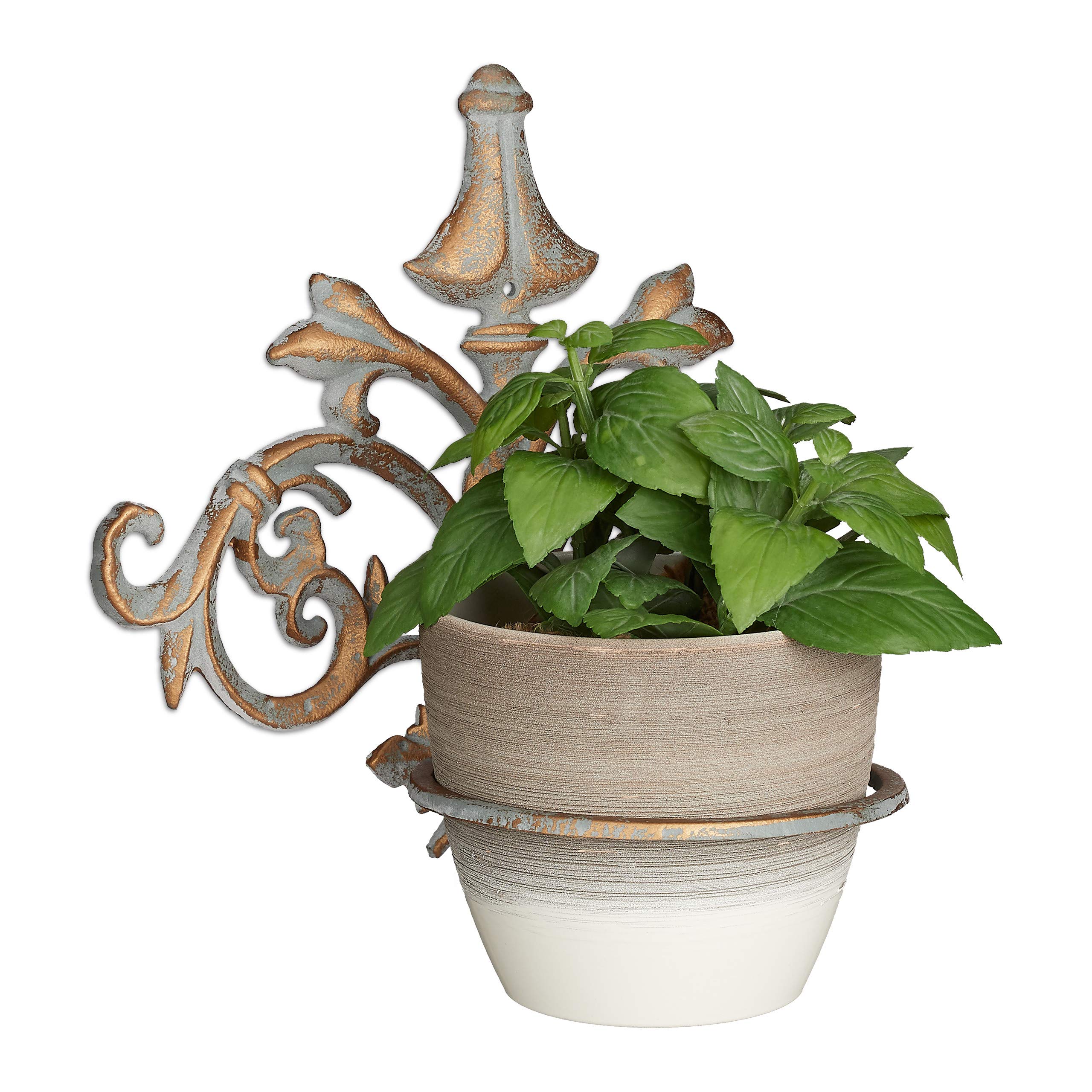 Relaxdays Set of 5 Baroque Wall Flower Racks, Cast Iron, Vintage Outdoor Flower Pot Holder, Ø 13.5 cm Rings, Gold-Grey