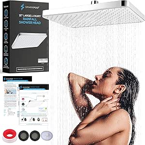 Sparkpod 12 Inch Rectangle Rain Shower Head - Ceiling or Wall Mount Rainfall Shower Head - Large Coverage - Brass Ball joint with 360 adjustment - Tool Free Installation (Classic Chrome & White Duo)