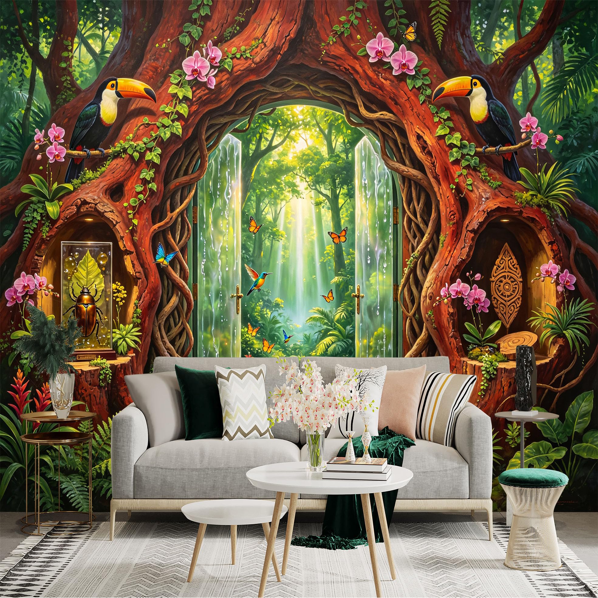 Lnzczhyre Bh260719446 Custom Size Wall Sticker Mural， Magical Forest Gate With Toucans And Tropical Stream， Exotic Nature Landscape， Vibrant Rainforest Flora， For Wall Decoration， Peelandstick Wall Decals.