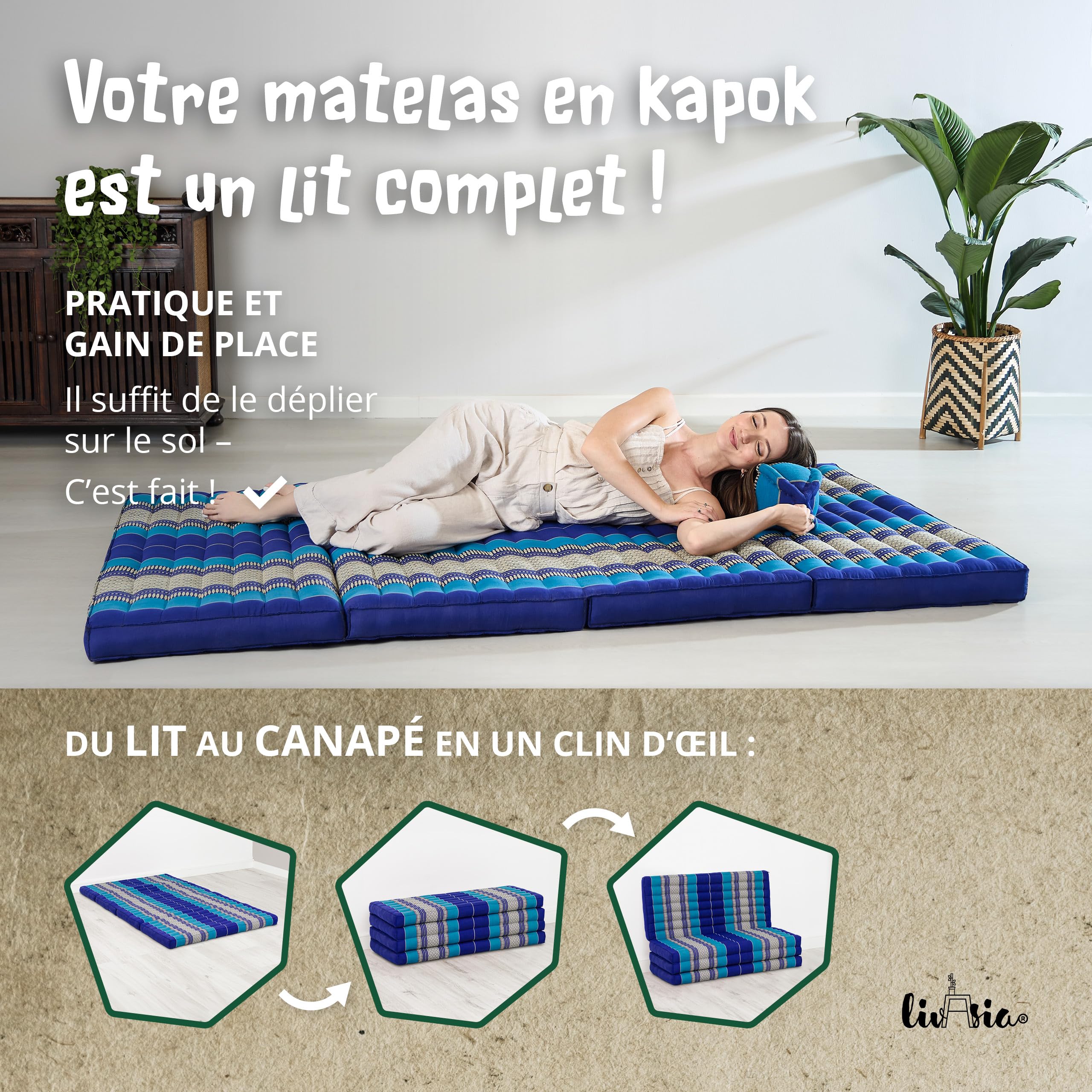 Livasia Matelas Pliable Durable en kapok - 200x110x8cm - Matelas d’invité Large, Matelas Pliable, Tapis de Yoga, Lit d’invité, Chaise Longue pour Le Jardin et Le Balcon (Bleu)