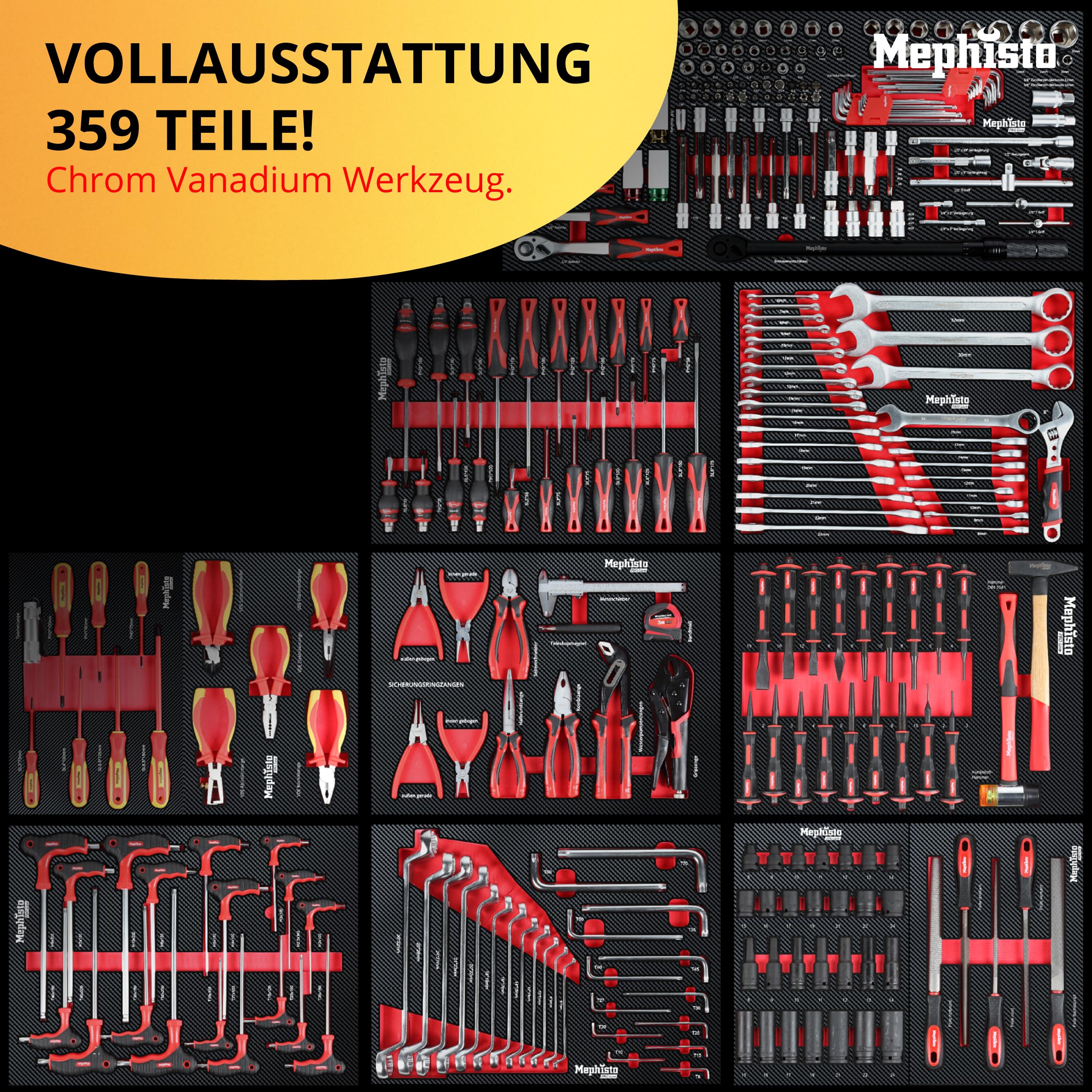 Mephisto Pro-Line BIG Werkzeugwagen Werkstattwagen gefüllt mit 12 Schubfächer davon 11 inkl. Werkzeug wie VDE Schraubendreher, Ratsche mit Nusskasten, Schraubendreher-Set in Soft Inlays in Carbon Lock