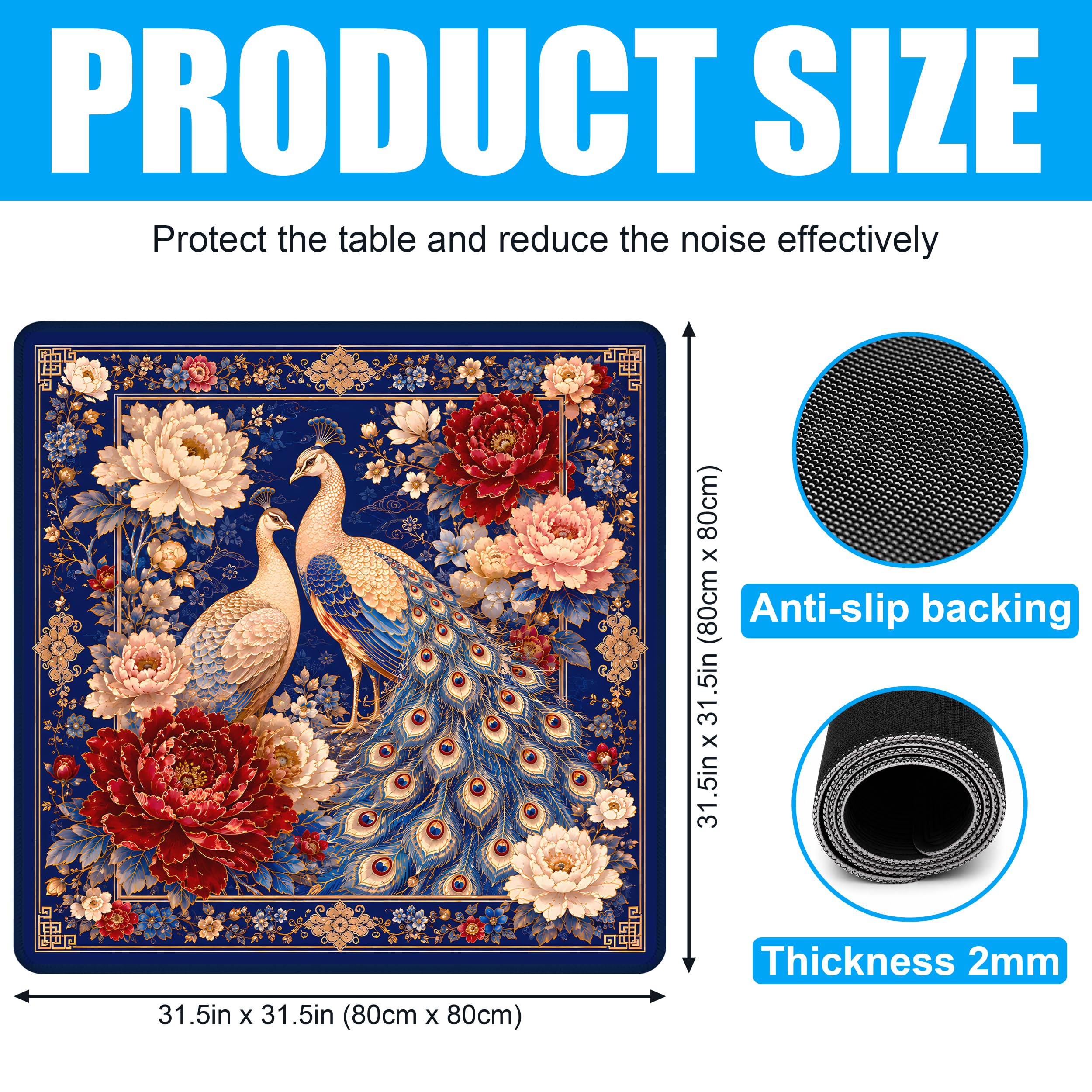 SODAVA Peacok Tapis de Mahjong, Chinoiserie Housse de Table de Jeu de Jardin avec Sac de Transport 80cm x 80cm Caoutchouc Anti-dérapant Réduction du Bruit pour Mahjong, Carte, Dominos, Jeux de Société
