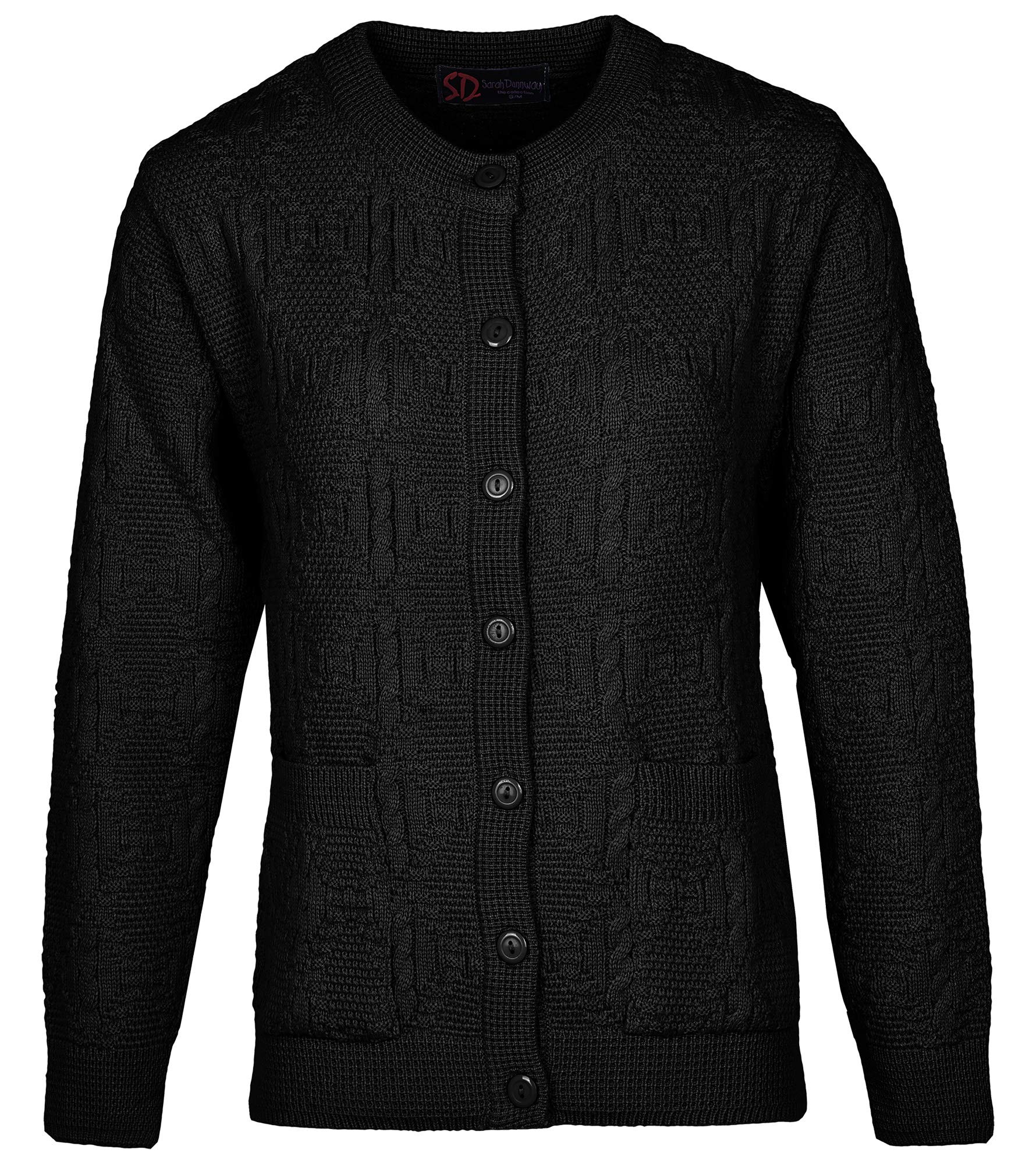 Maan Store Women Knitted Cardigan Round Neck with Front Button Fastening Long Sleeve and Pockets (UK, Alpha, S, M, Regular, Regular, Black)