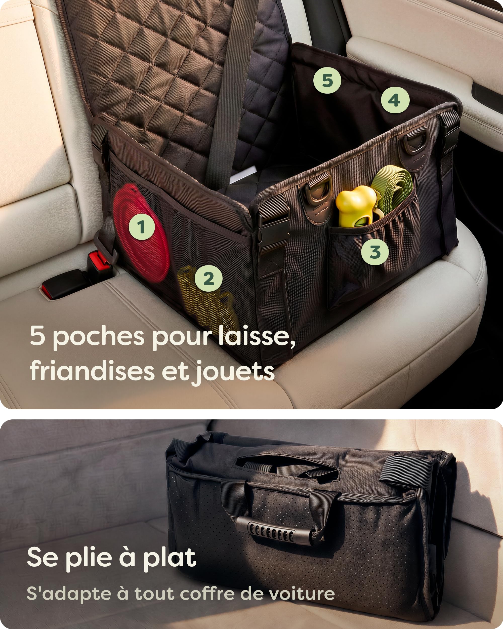 Knupis Siège Auto pour Petit Chien – Déperlant et Résistant aux Rayures avec 5 Poches – 4 Sangles de Fixation et Laisse Attachée – Parois Renforcées avec Dessous Antidérapant – Panier Chien Voiture