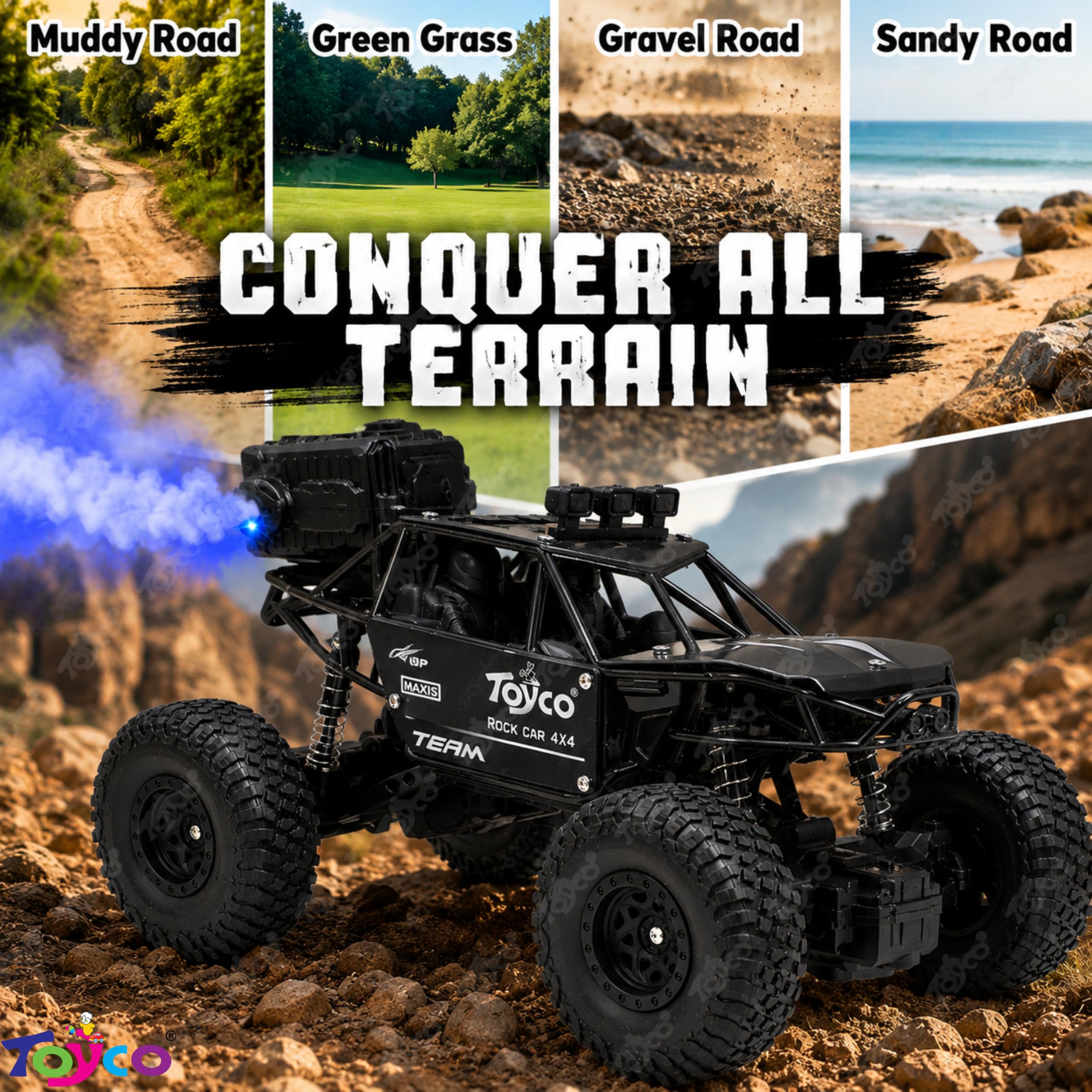 toyco® Rechargeable Remote Control Car Toy - Alloy Rock Crawler with LED Smoke Effect and Anti-Slip Tyres| 1:18 Scale | Off-Road RC 2WD Monster Truck Gift for Kids Boys and Girls Age 4-12+ (Black) — Amazon image 3