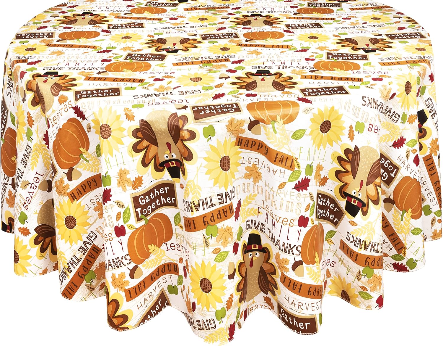 Newbridge Happy Thanksgiving Turkey Vinyl Flannel Backed Tablecloth - Fun Whimsical Harvest and Fall Kitchen Dining Room Print Easy Care Wipe Clean Tablecloth, 60” x 84” Oval
