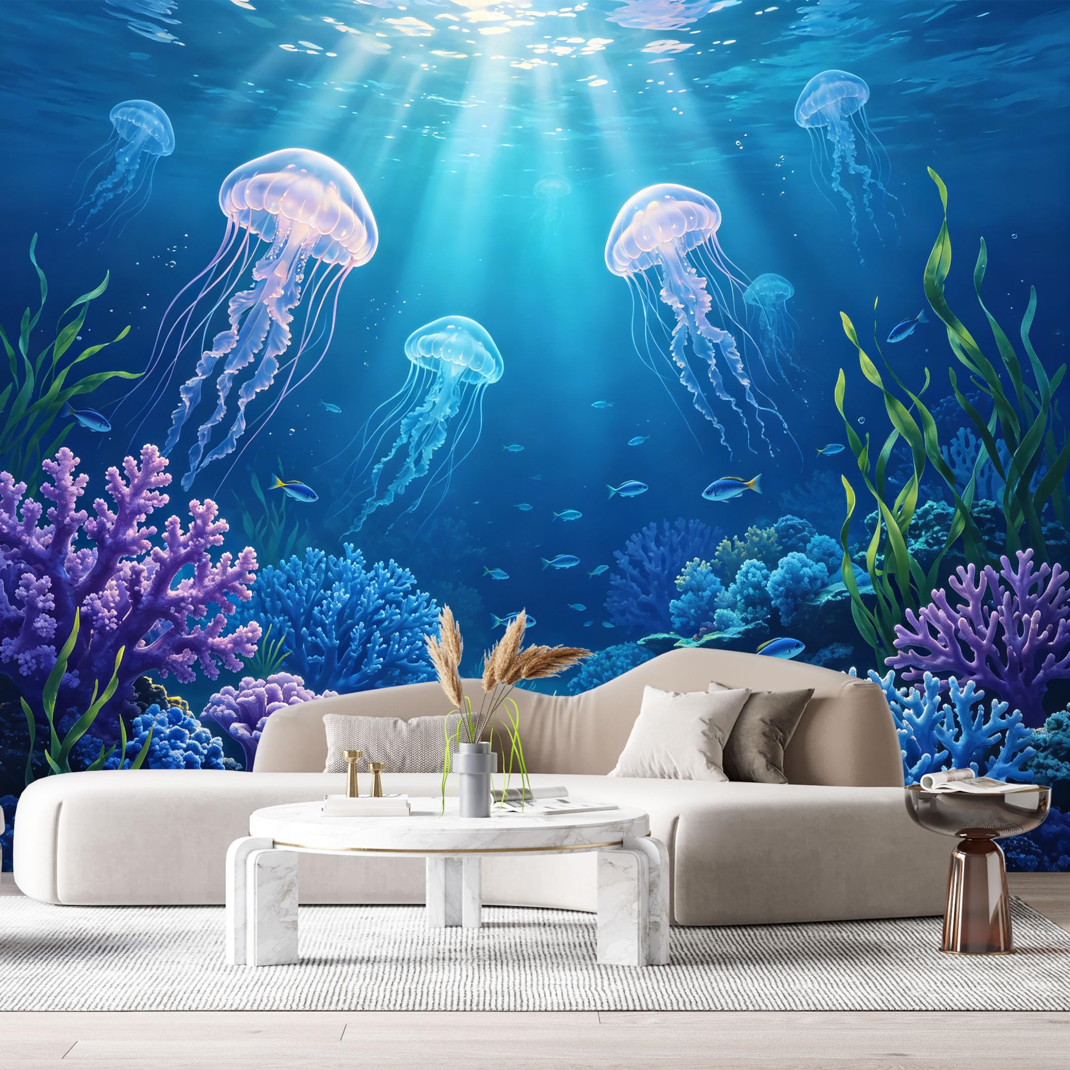 Custom Size Wall Murals Underwater Jellyfish Ocean Marine 3D Trompe L'Oeil Coral Reef SelfAdhesive Wall Fabric Removable Large Wallpaper for Photo Living Room