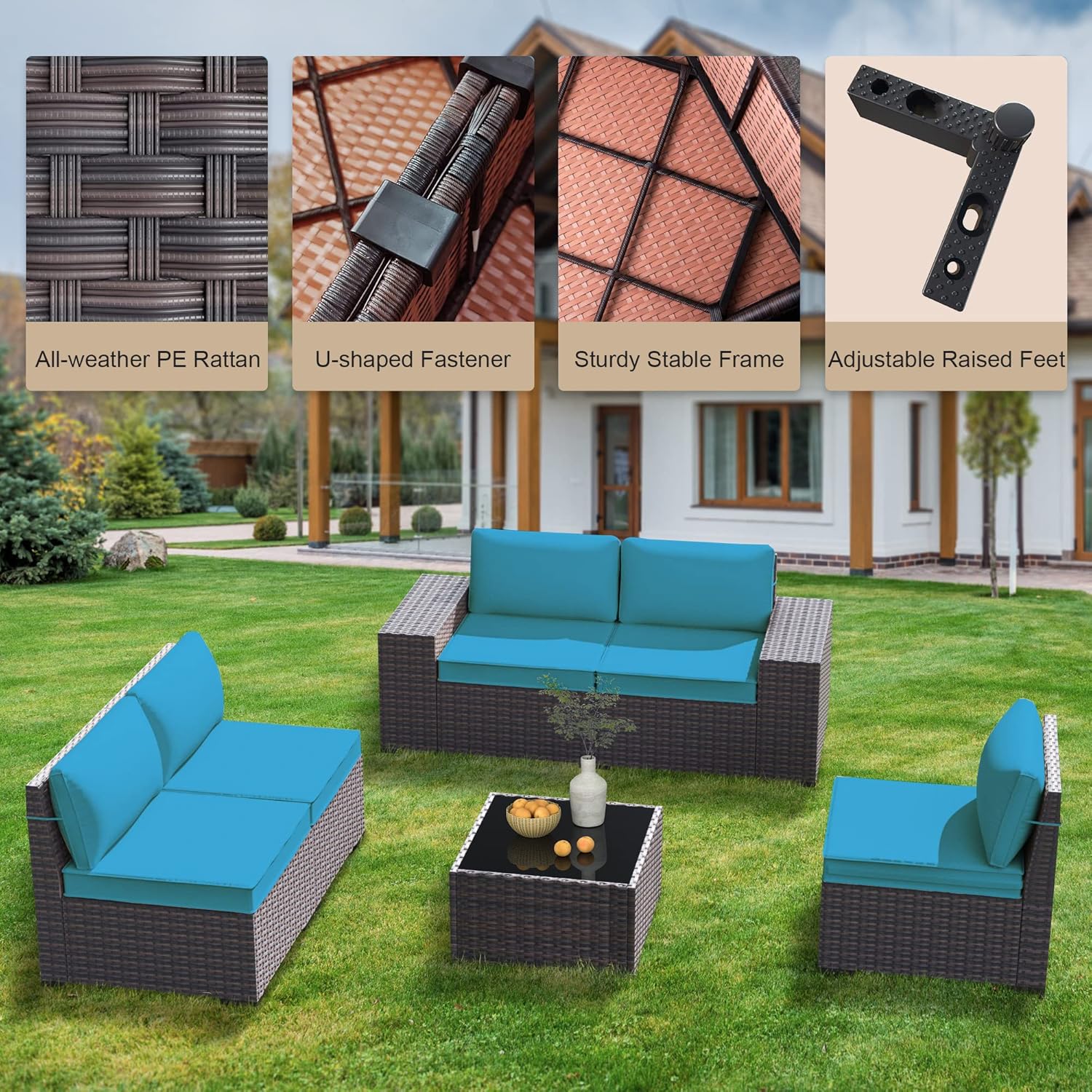 Grezone 6 Pieces Patio Outdoor Furniture Sets All Weather Wicker Sectional Sofa Couch Lawn Sectional Furniture with Washable Couch Cushions and Black-Glass Table (Blue) : Patio, Lawn & Garden