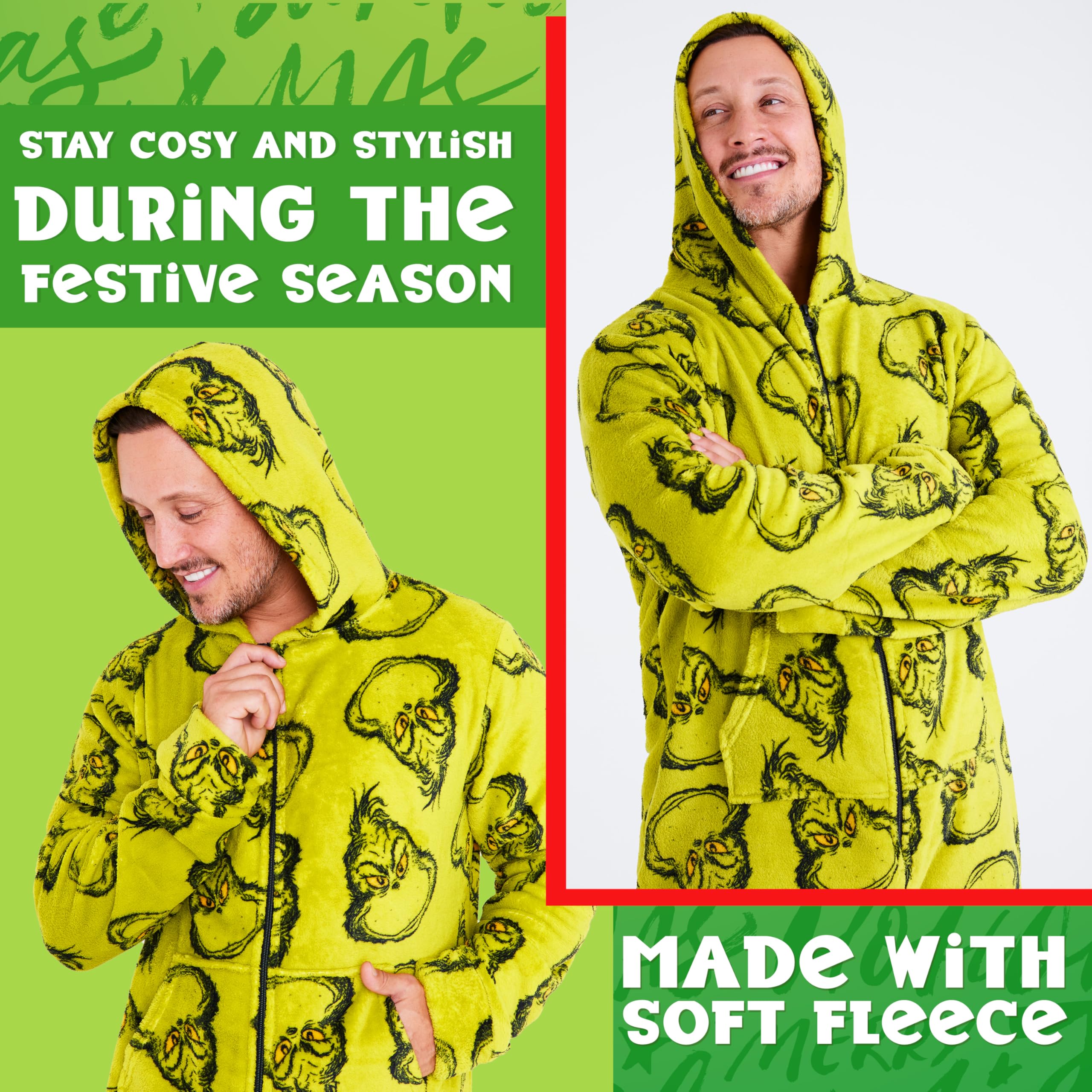 The Grinch Grenouillere Homme avec Capuche, Pyjama Homme Hiver - Cadeau Homme et Ado