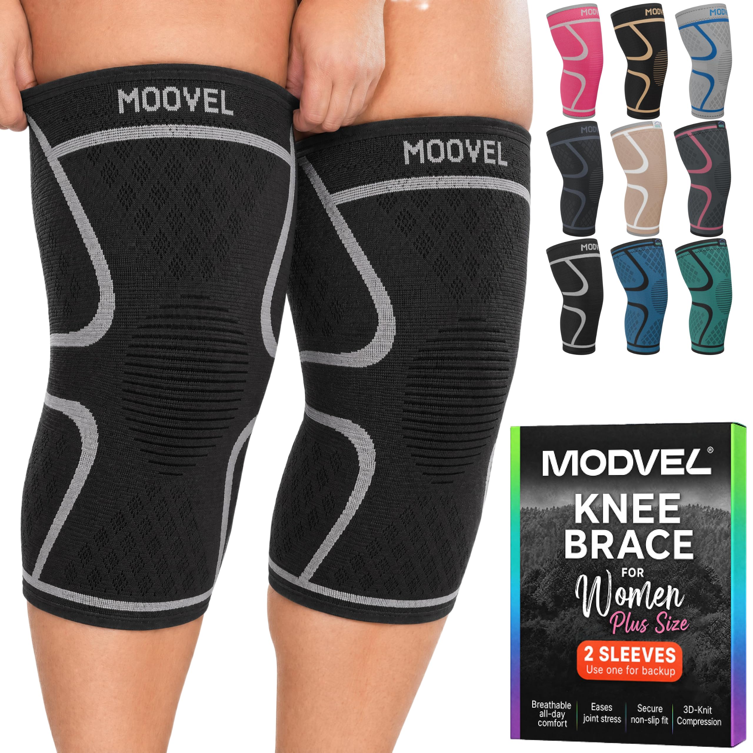 Modvel 2 Pack Knee Brace for Women - Knee Support for Walking, Knee Compression Sleeves for Pain Relief, Knee Sleeves for Women, Knee Brace for Sports, Workouts & Arthritis Black/White XXX-Large Set A - Knee Brace
