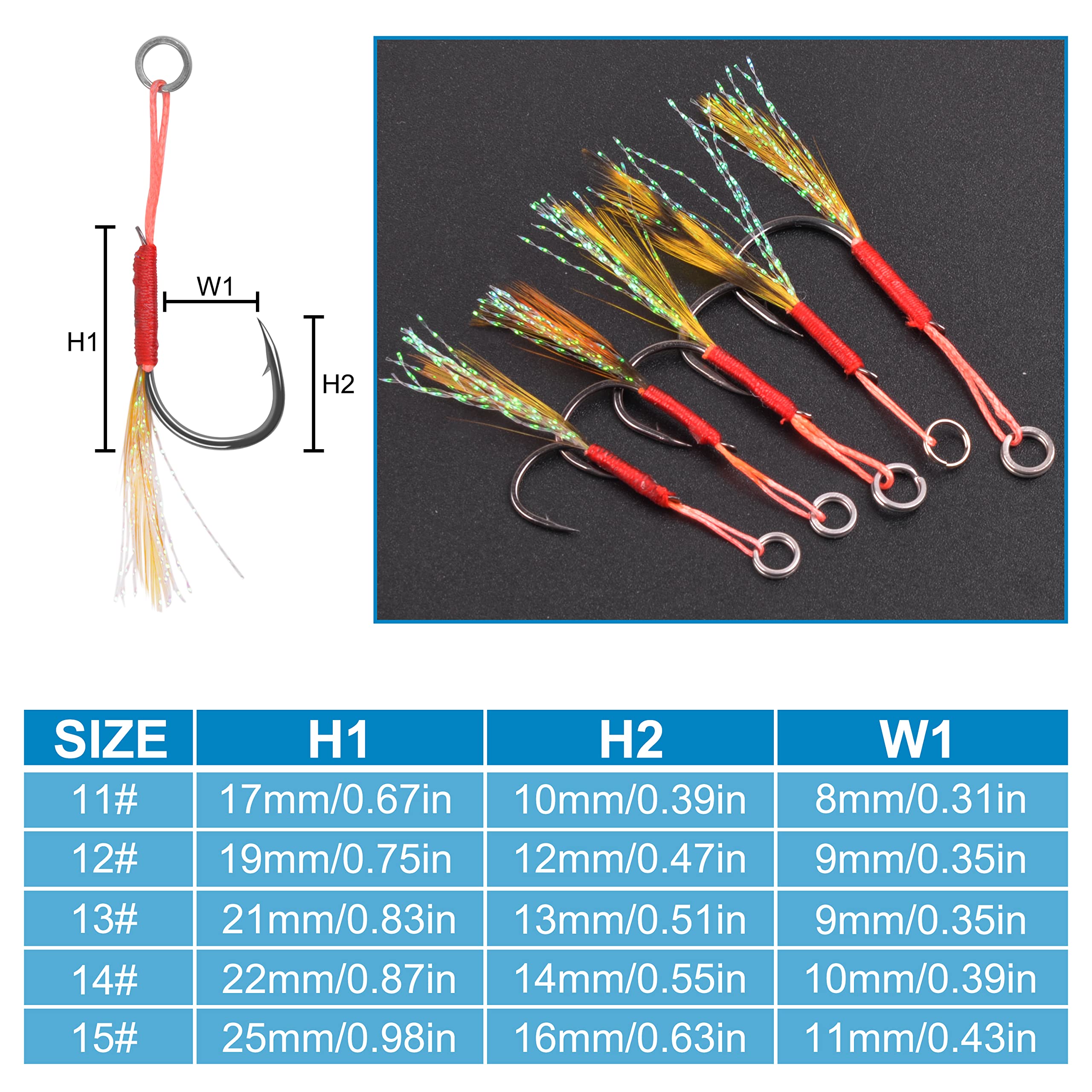 Assist Jig - Kit di Ami da Pesca, 50 Ganci Con Piume in Acciaio Ad Alto Tenore di Carbonio Affilati per Esche a Passo Lento, Set per Traina
