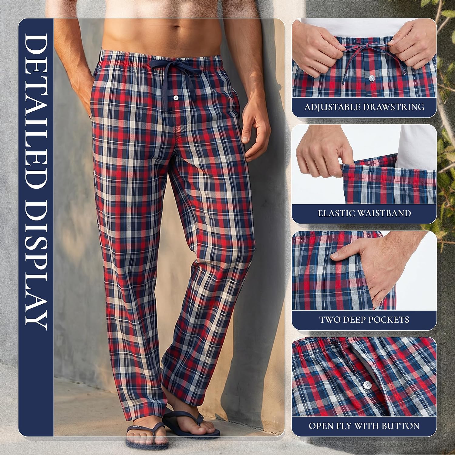 Vulcanodon Men's Cotton Pajama Pants, Lightweight Plaid Pjs Bottoms Soft Woven Men Sleep & Lounge Pants
