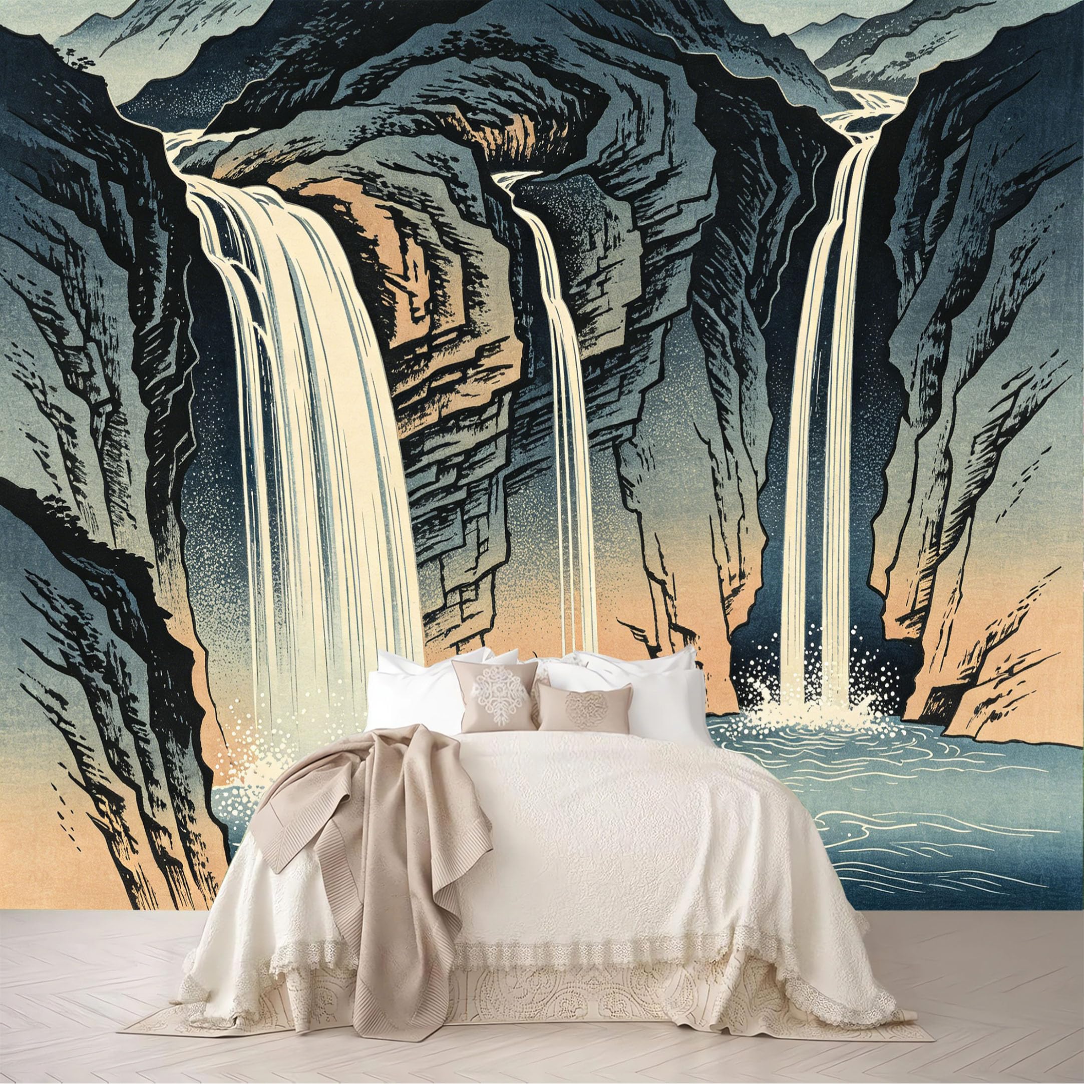 Dskjoviality Ab260706010 Custom Size Wall Mural Vintage Ukiyo-E Cliff Waterfall Woodblock Print Removable Self Adhesive Peel And Stick Wallpaper For Bedroom Living Room Dining Room