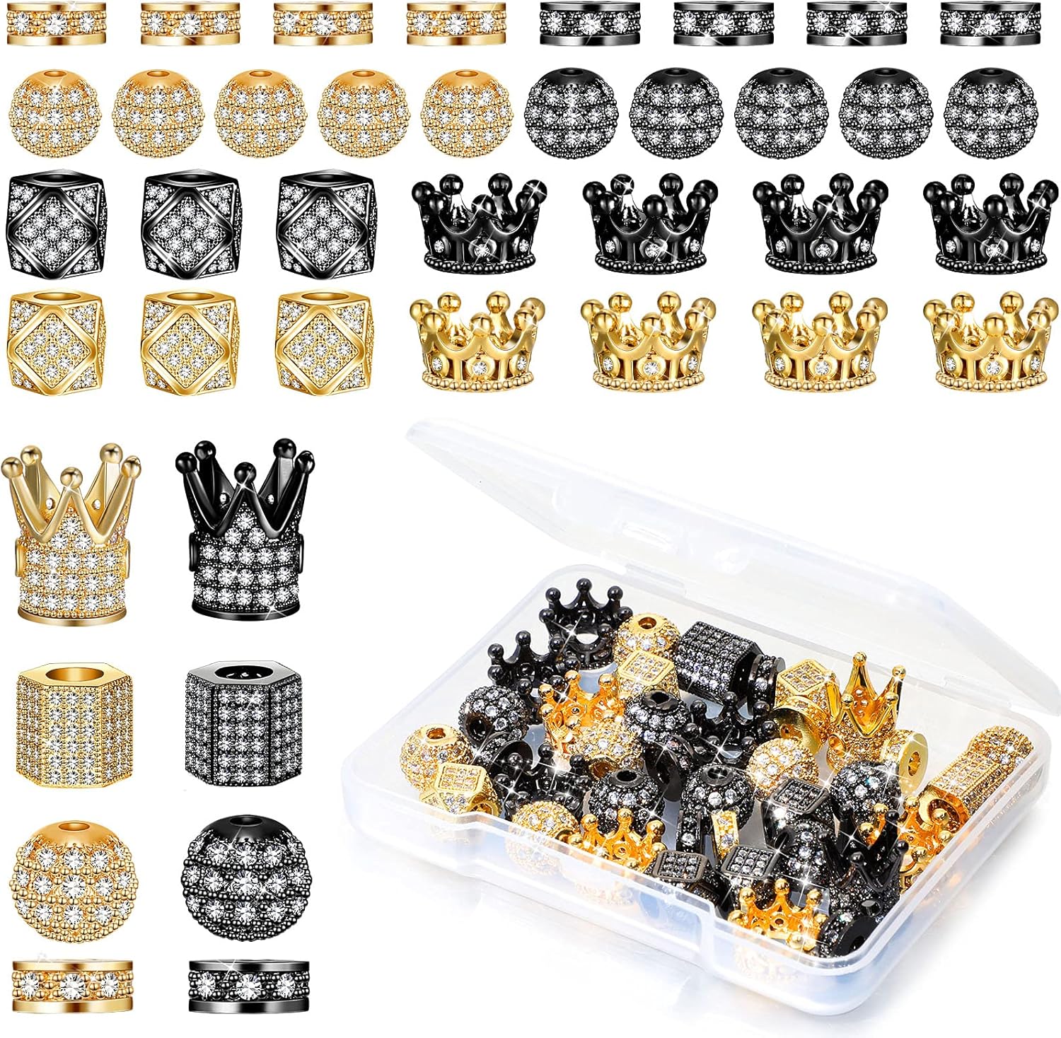 40 Pieces King Crown Charms 8mm Round Rhinestone Beads Hexagon Big Hole Spacer Beads Bracelet Connector for DIY Xmas Jewelry Crafts Making (Black and Gold)