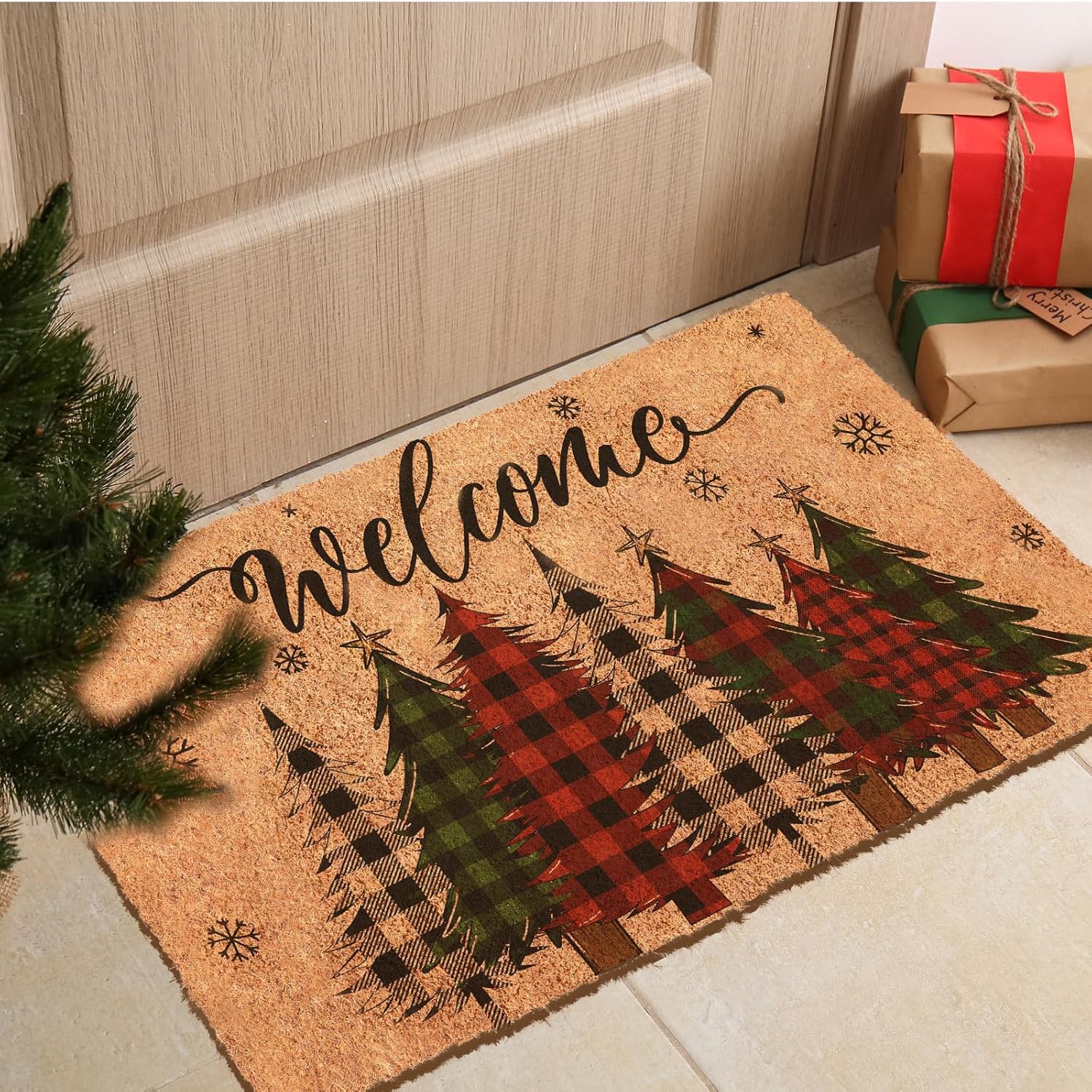 Capoda Christmas Door Mat 30 x 17 Inch Winter Welcome Doormat Non Slip Large Porch Coir Rug Winter Front Door Mat for Xmas Indoor Outdoor Entrance Porch Decor(Christmas Tree)