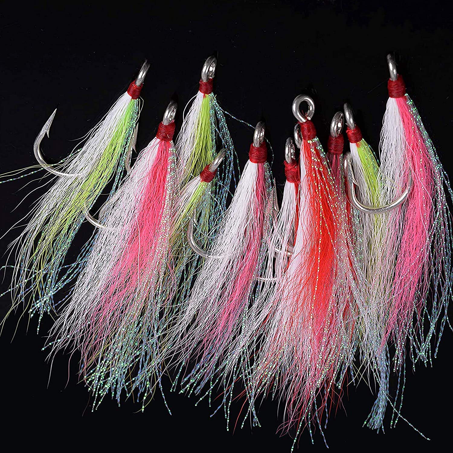 Bucktail Teasers Fishing Hooks Saltwater Flounder Rig Fishing Hooks Stainless Steel Bucktail Mylar Teasers Inserted for Catfish Cod Flounder Hi/Lo Rig