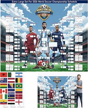 Mascotwish World Soccer Cup 2026 Schedule Poster Bracket 5.2ft x 4.1ft Large Soccer Tournament Wall Chart with Flag Stickers, Vinyl Match Tracker for World Soccer Championship 2026 Party Decor
