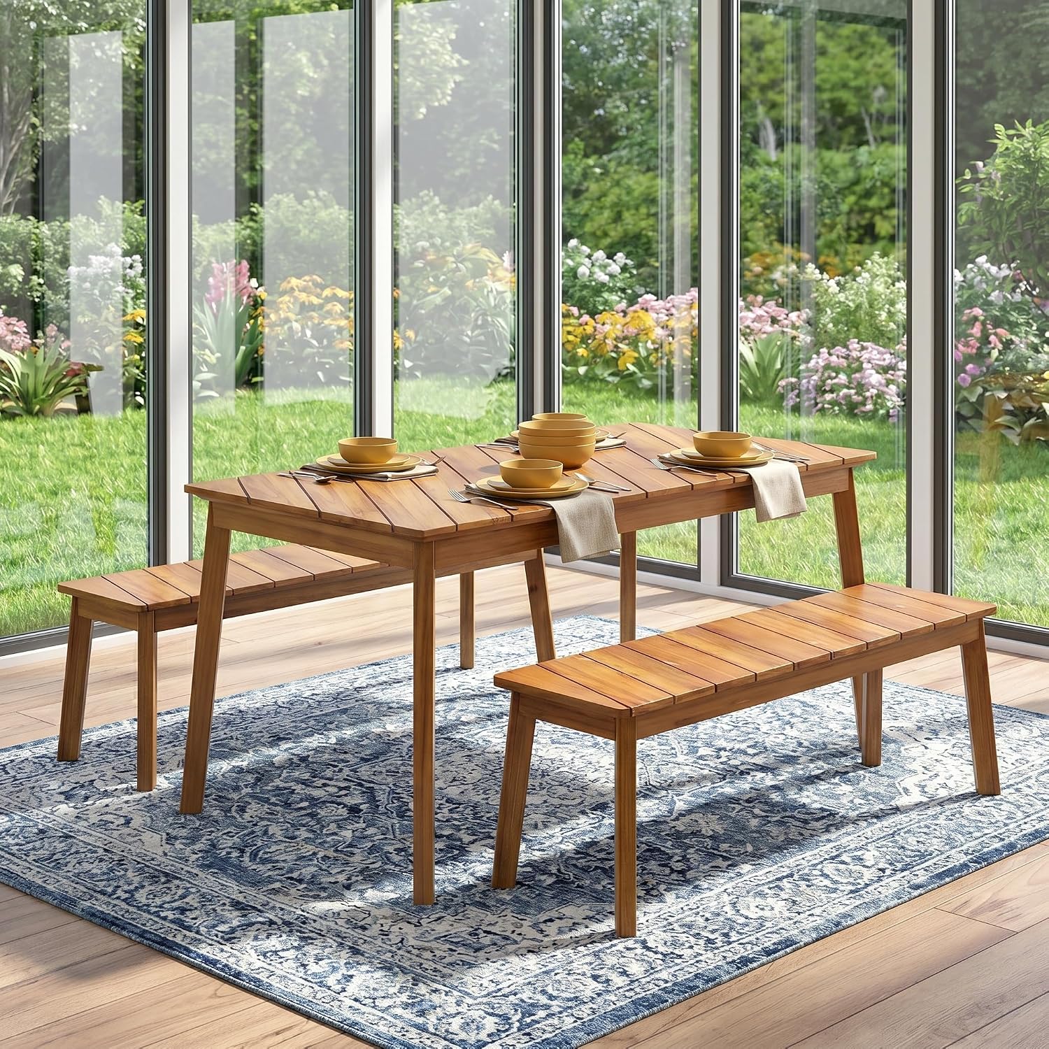 3 Pieces Acacia Wood Dining Set with 2 Benches – Outdoor & Indoor Table and Bench Set with Slatted Seats, Space-Saving Patio Furniture for Patio, Porch, Garden & Poolside, Natural